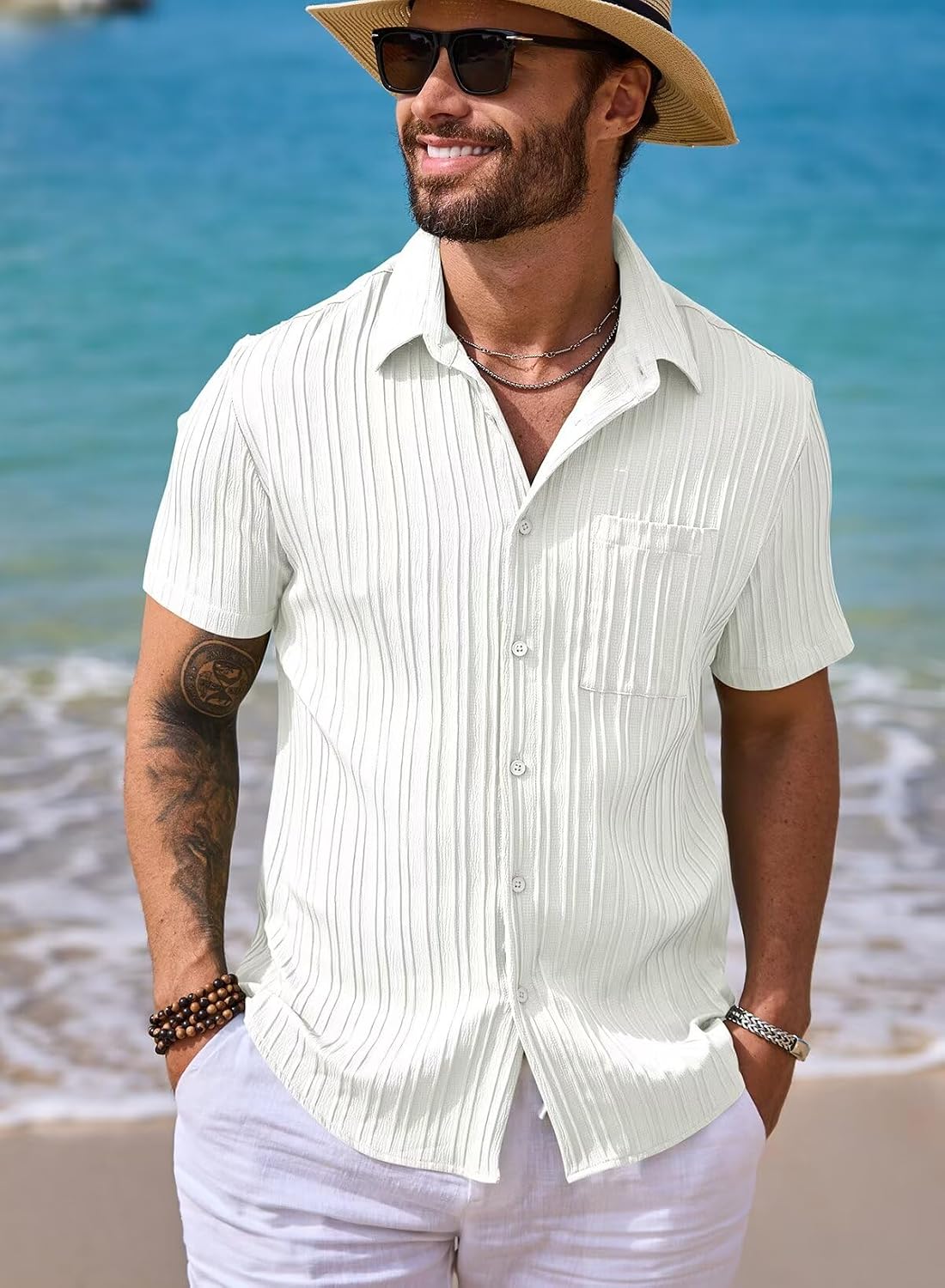 Thumbnail 1 de JMIERR ZM5M255767-P Men's Short-Sleeve Button-Up Shirt, Textured Polyester