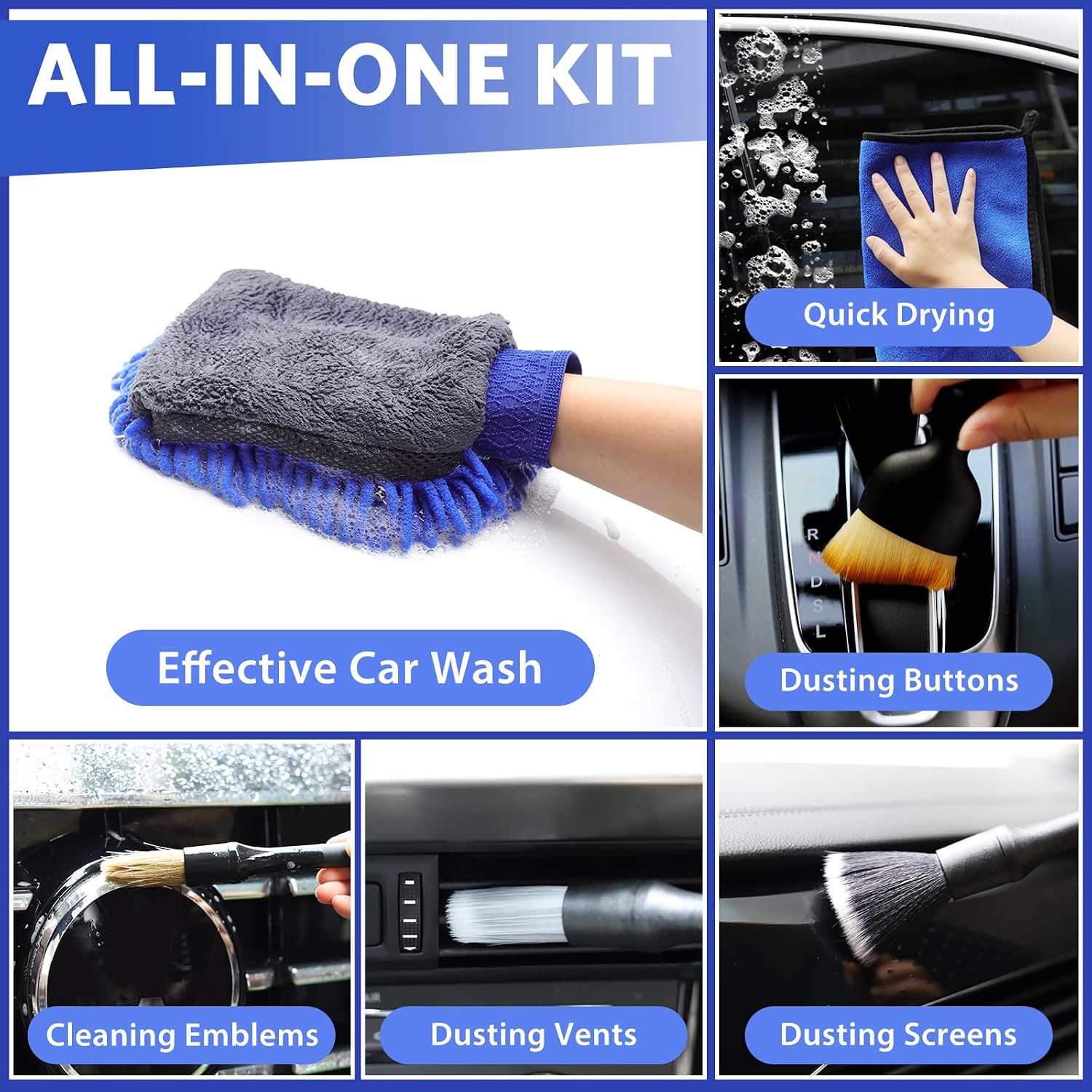 Thumbnail 2 de KEYAYE 10 Pcs Car Washing Kit with 3x Microfibre Cloths, 2 Wash Mitts and 5 Detailing Brushes – A Practical, Gentle Care Set