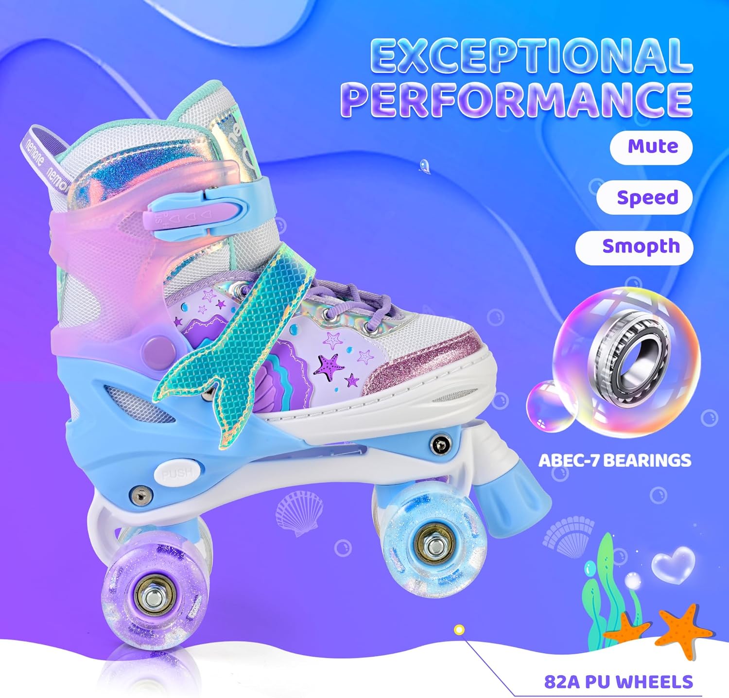 Thumbnail 6 de NEMONE Mermaid 4 Size Adjustable Light Up Roller Skates for Girls