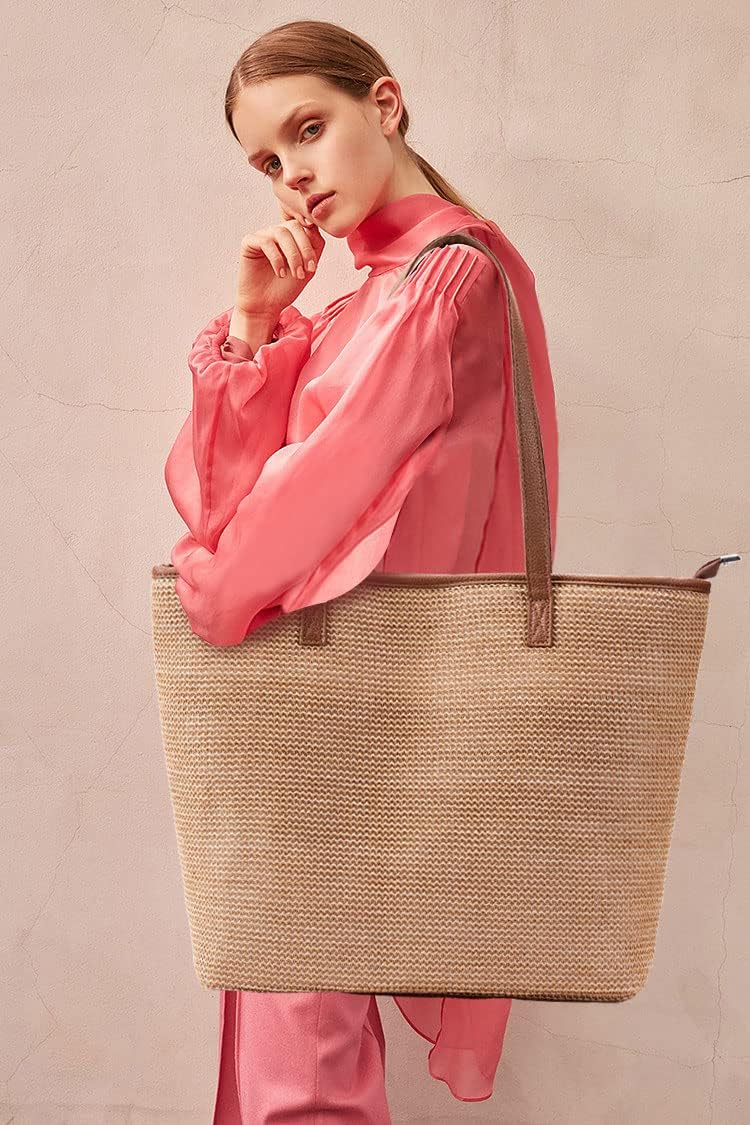 Thumbnail 1 de KALIDI Straw Tote Beach Bag: Striped Shoulder Handbag with PU Leather Handles
