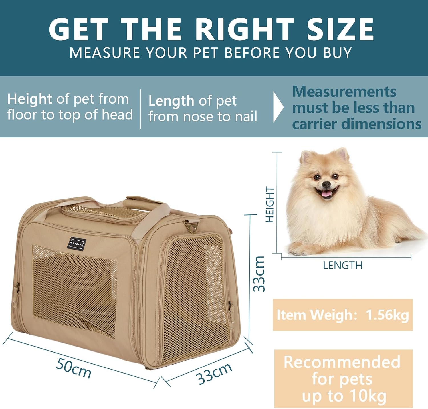 Thumbnail 6 de Petsfit Transportbox Katze Hund faltbar – Tragetasche mit Schultergurt, weiches Kissen, 50×33×33 cm
