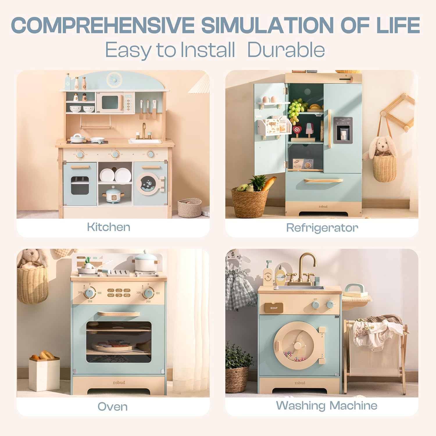 Thumbnail 1 de ROBOTIME Wooden Play Kitchen: Toddler Kitchen Set with Oven, Fridge & Washing Machine