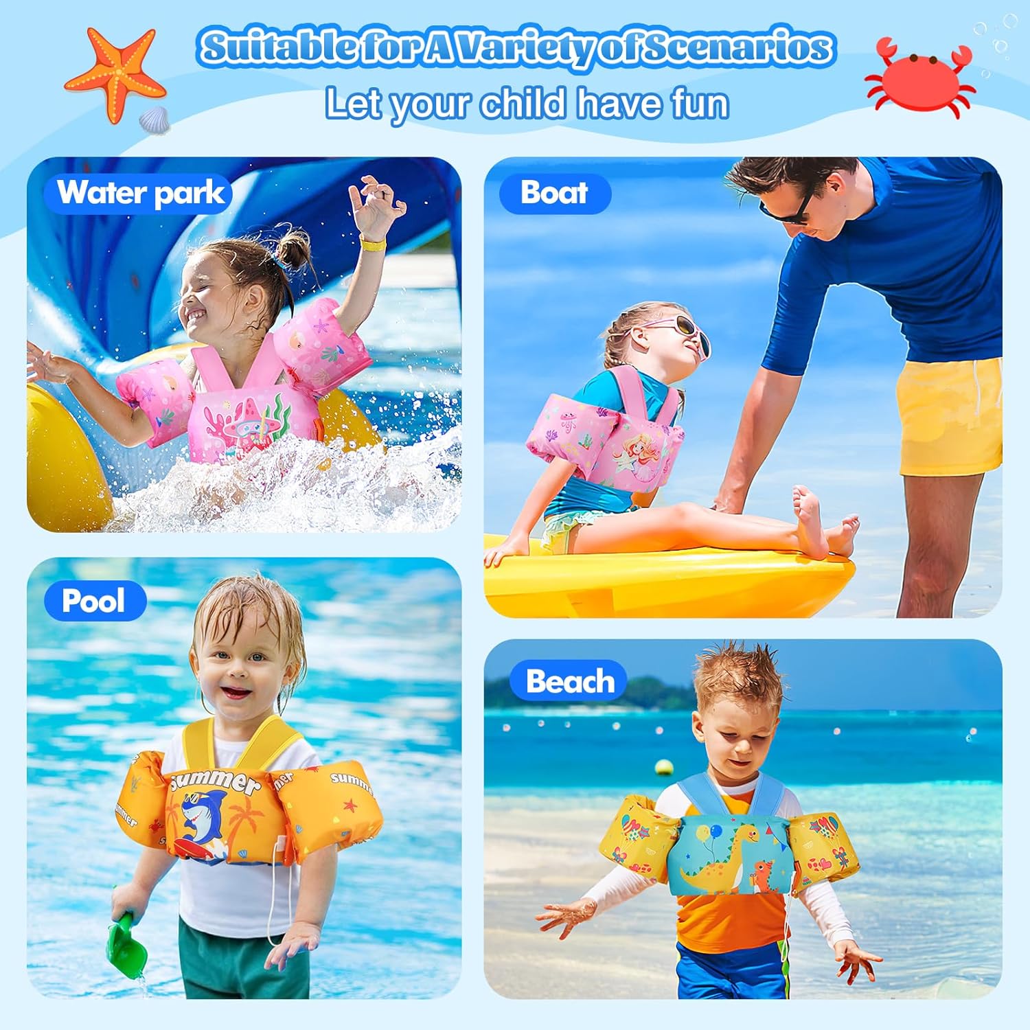Thumbnail 4 de MoKo Kinder Schwimmflügel mit Schwimmtraining-Jacke, Cartoon-Motiv und D-Ring-Verschluss