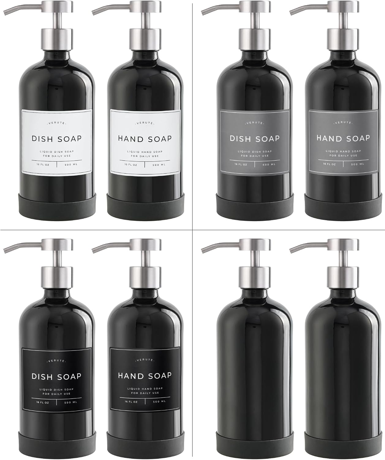 Thumbnail 4 de Verute BLGL16SS2 Glass Soap Dispenser Set, Gloss Black with Steel Pumps