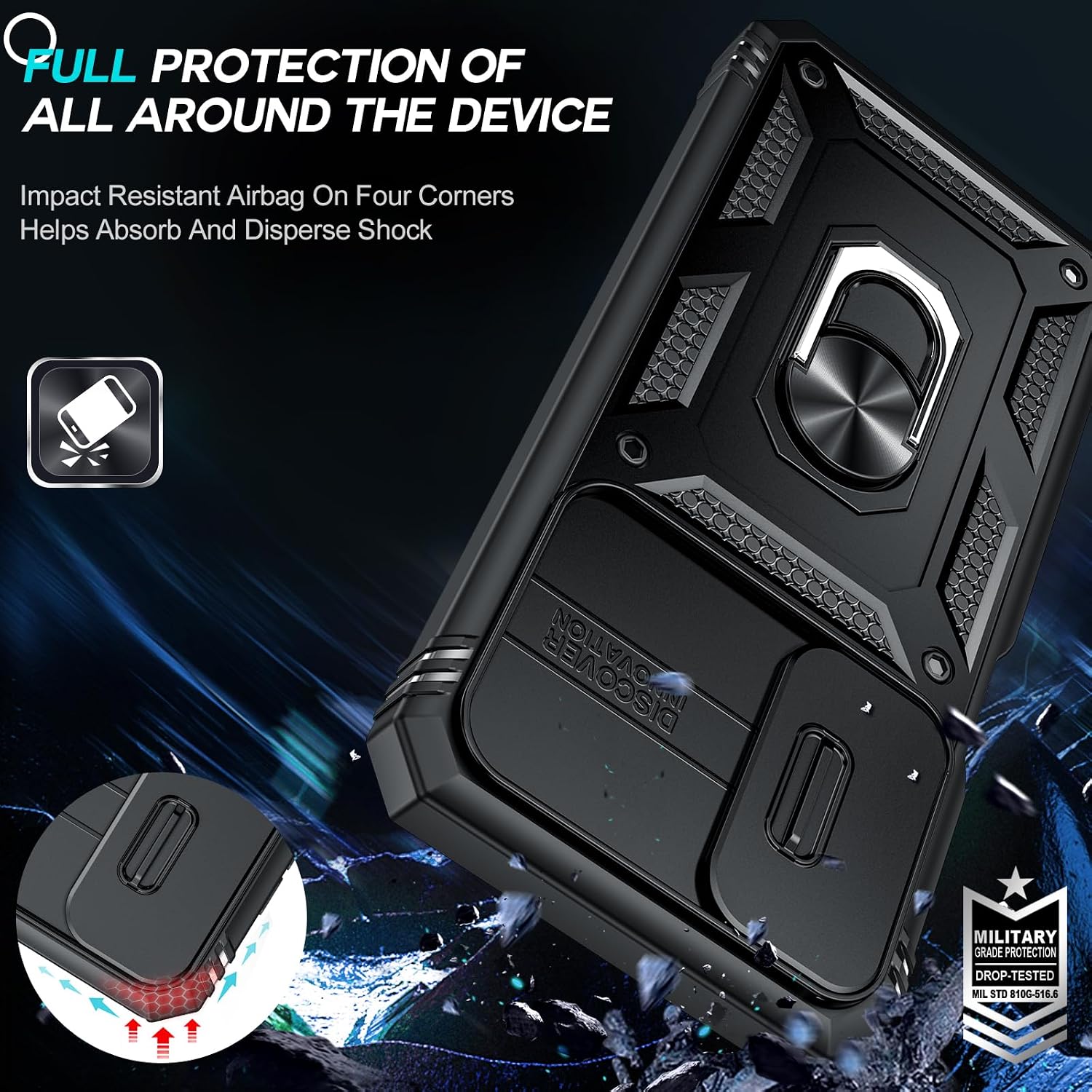 Detalle 2 de LeYi Military Armour Phone Case for Samsung Galaxy A16 4G/5G with Camera Lens Slide & 360 Ring Stand + 2 Screen Protectors