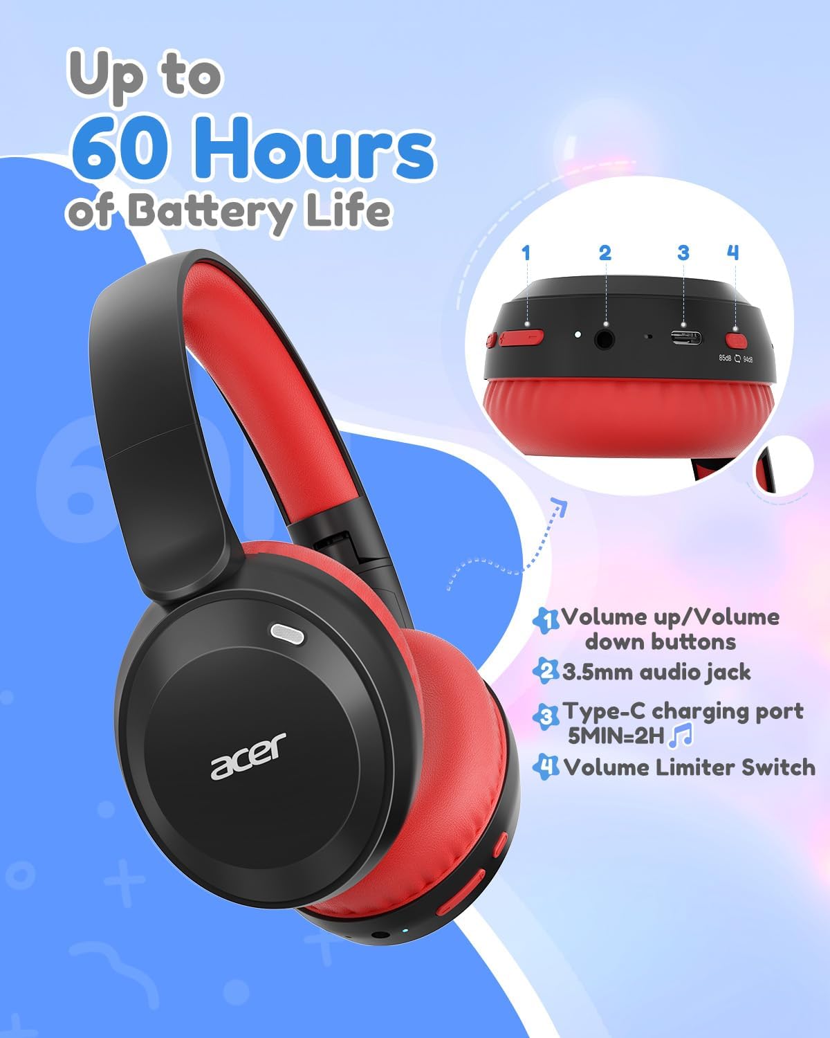 Thumbnail 6 de Acer OHR668(KR) Kids Bluetooth Headphones, 85/94 dB Limiter, Bluetooth 6.0