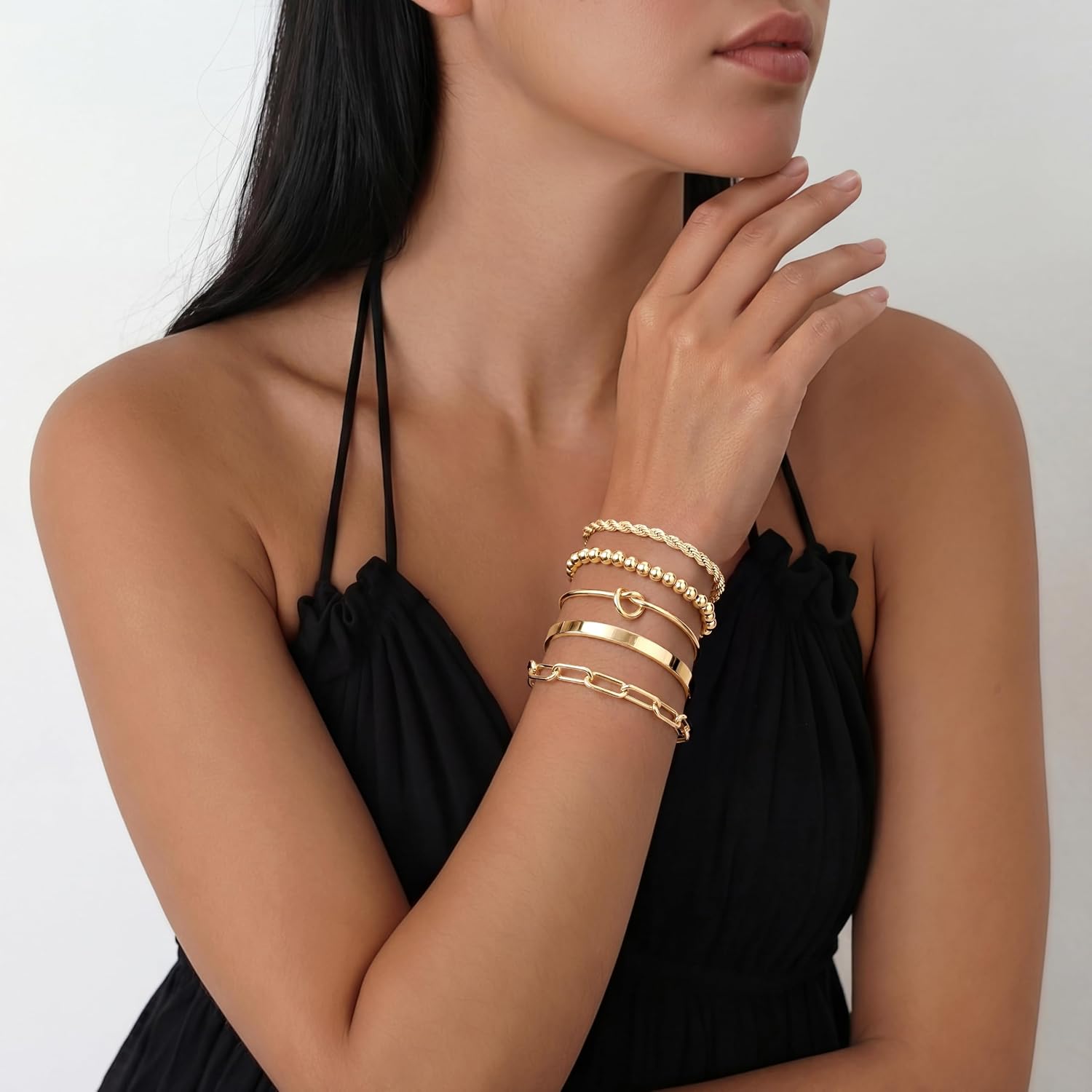 Detalle 2 de Gokeey Gold Cuff Bracelets for Women – 14K Gold Plated, Stackable Beaded & Infinity Rope Jewelry Set
