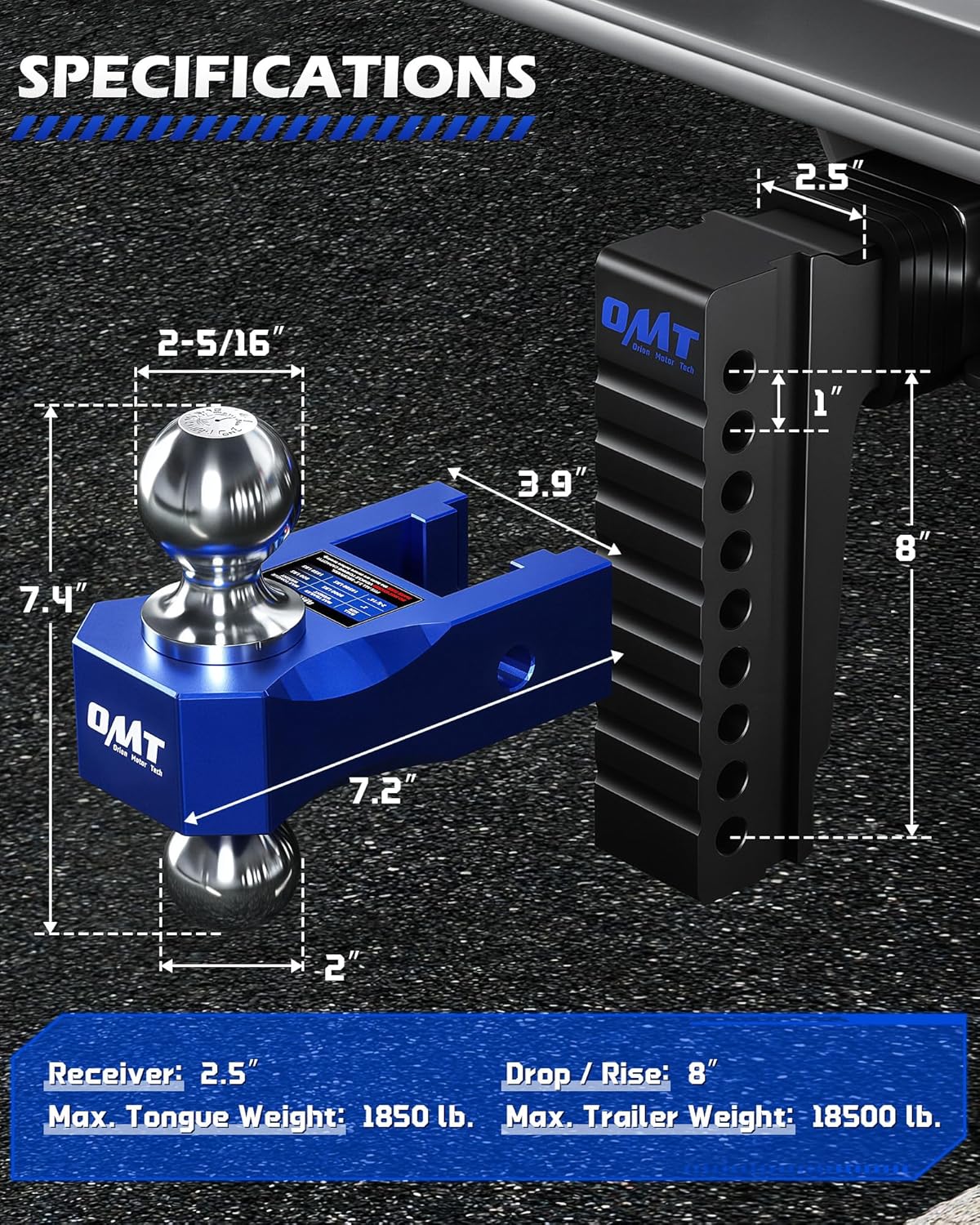 Thumbnail 2 de Orion Motor Tech Adjustable Trailer Hitch (2.5 in receiver, 8 in drop/rise) Class 5 Tow Hitch Ball Mount