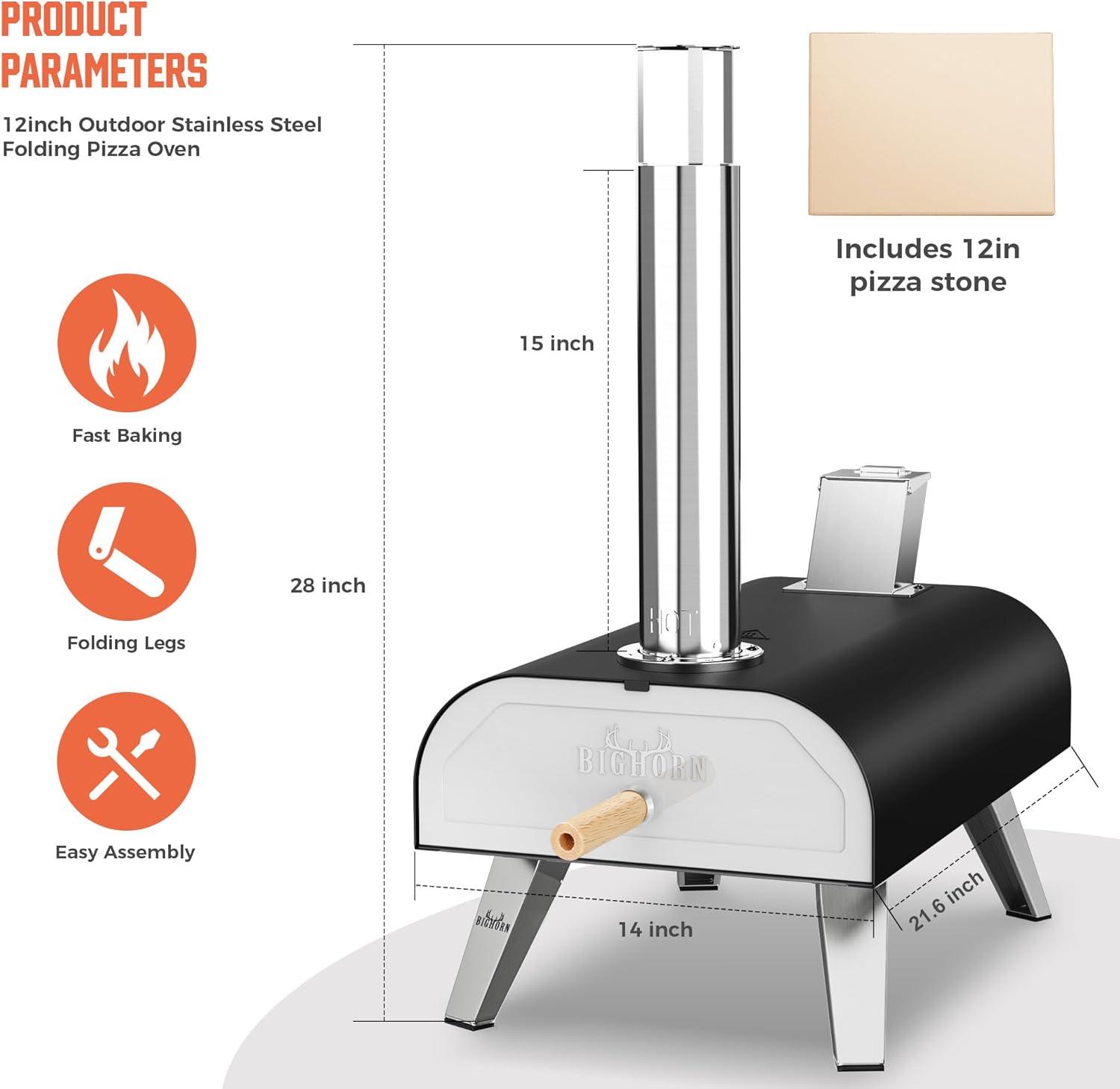Detalle de BIG HORN OUTDOORS Wood Pellet Pizza Oven 12” (Black) – Portable outdoor pizza grill