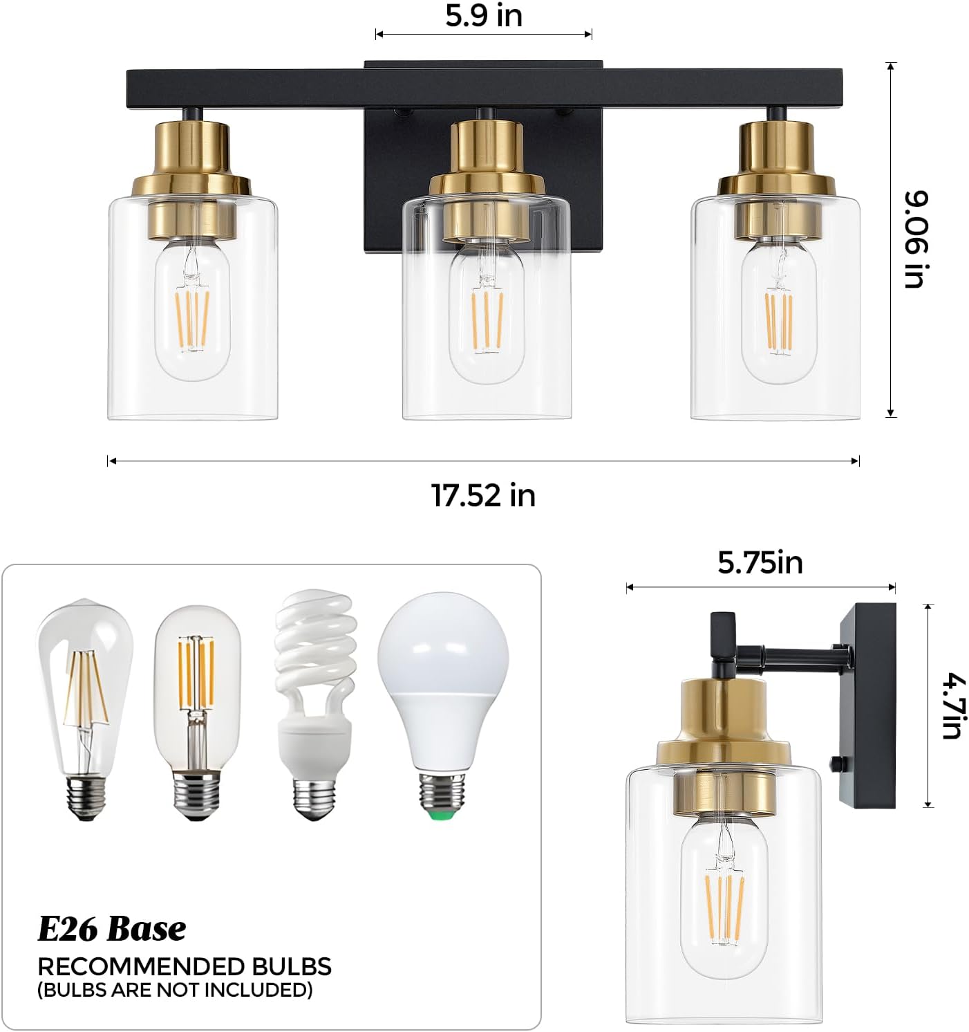 Thumbnail 2 de DIKAIDA 3-Light Bathroom Vanity Light 17.52-Inch
