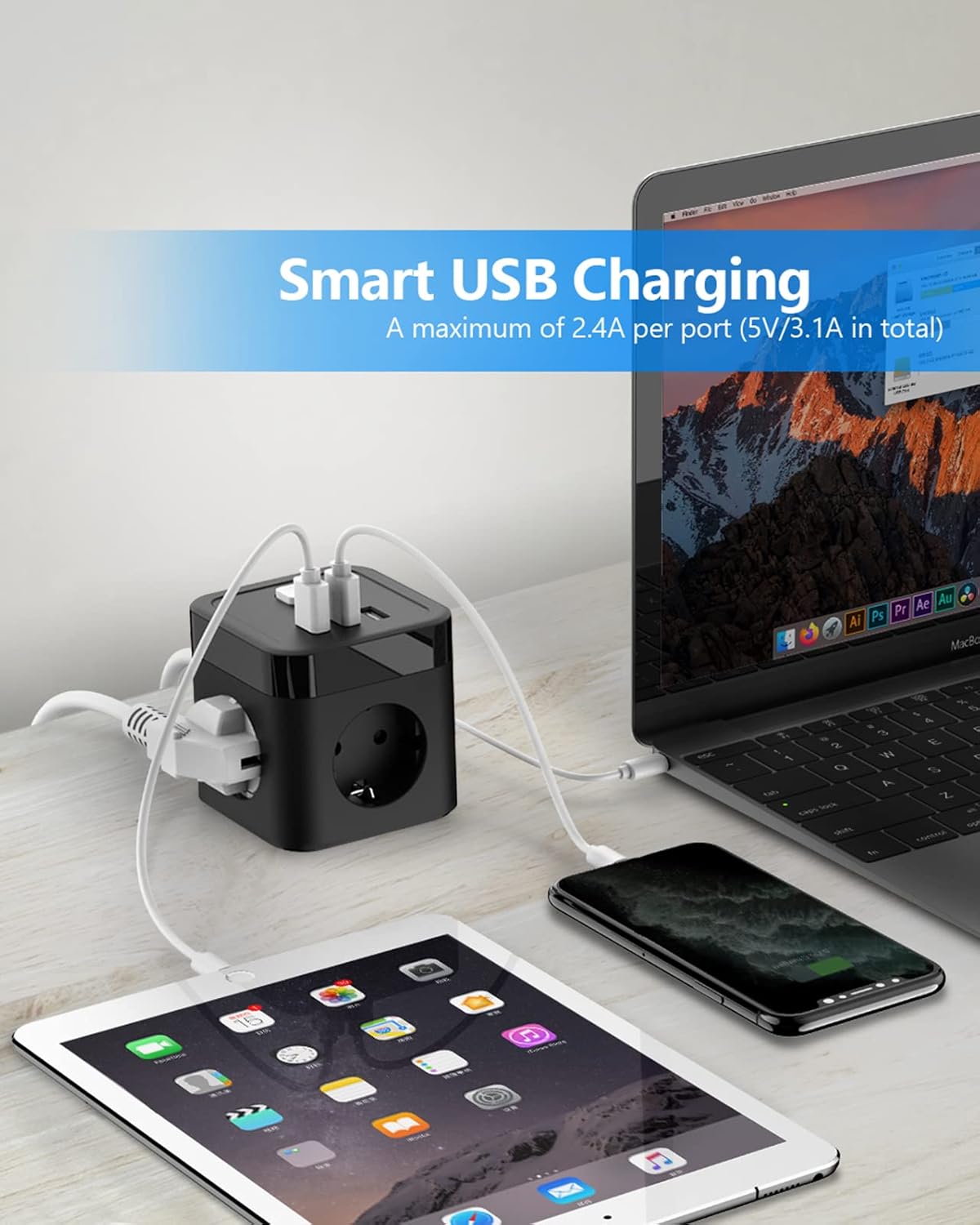 Thumbnail 2 de JSVER Cube Multiprise 3M avec USB – 3 prises CA et 3 ports USB, câble 3 m, noir