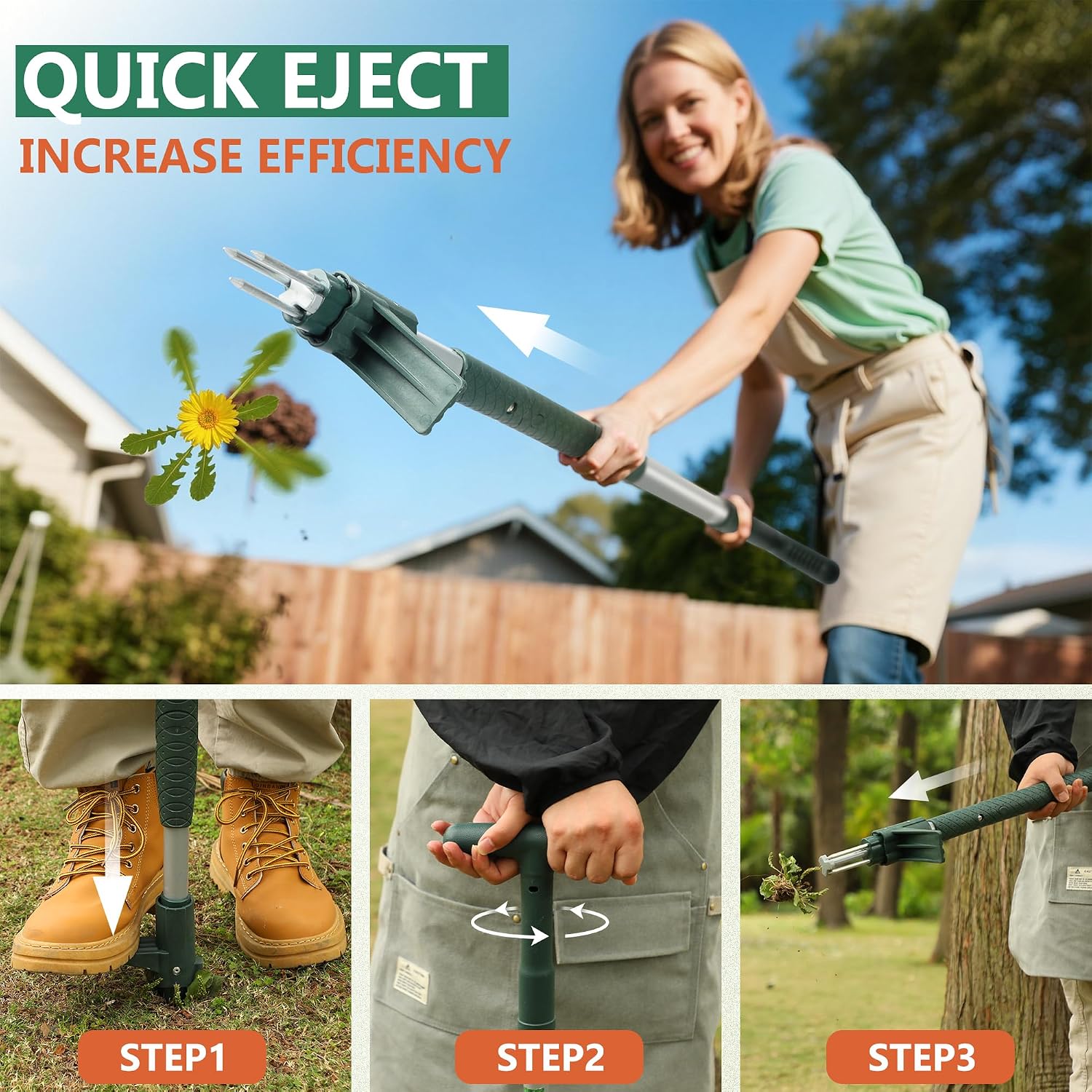 Detalle de ORIENTOOLS Weed Puller Stand Up Weeder with 3 Claws — 39.4" Long, Forest Green