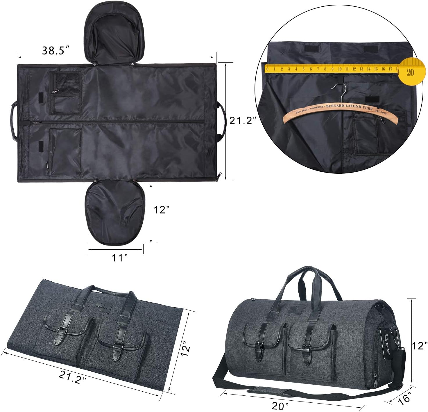 Detalle de UNIQUEBELLA Travel Suit Carrier Garment Duffel Bag: Large 45L with Shoe Compartment (Dark Grey)
