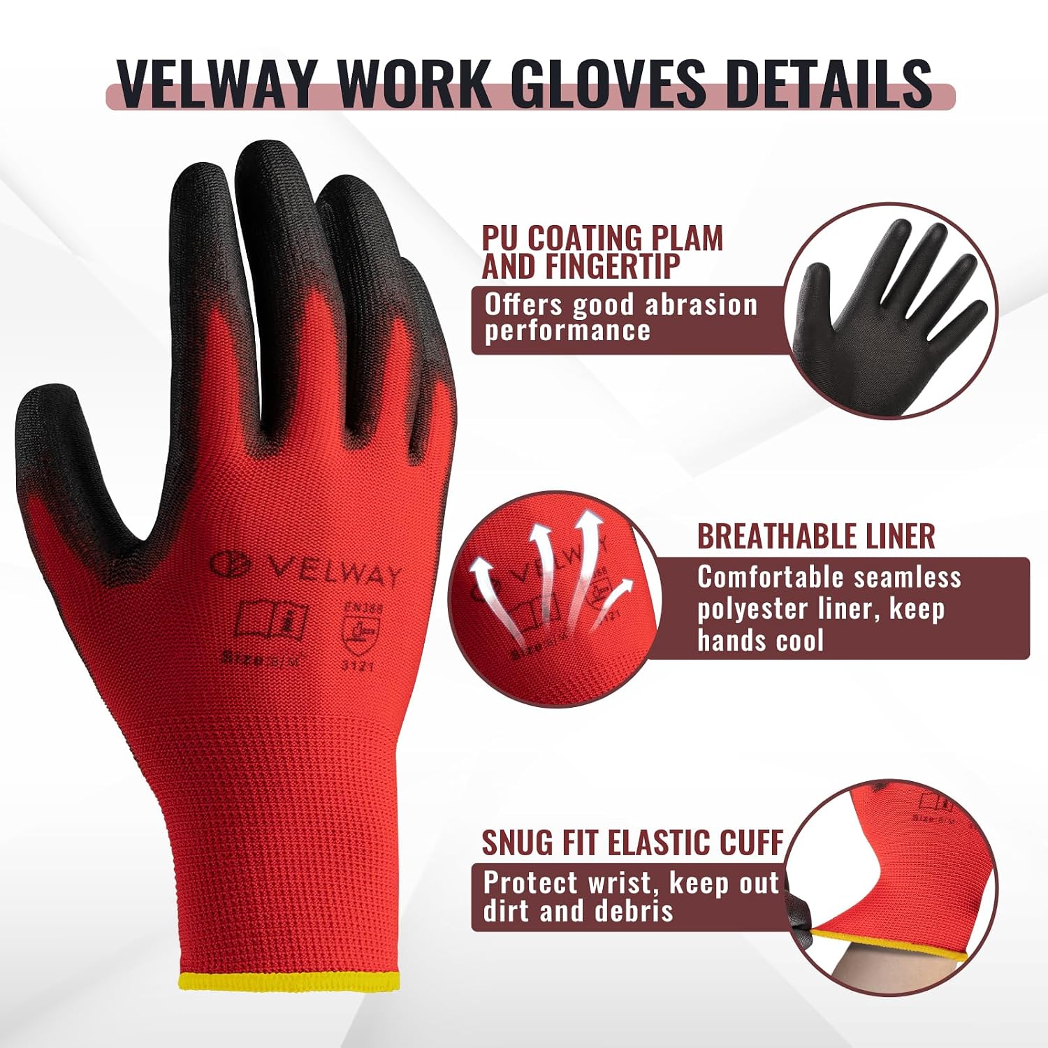 Thumbnail 1 de Velway 12 Pairs Safety Work Gloves (Size L/9) – Breathable Non-Slip PU Grip for General Duty Work