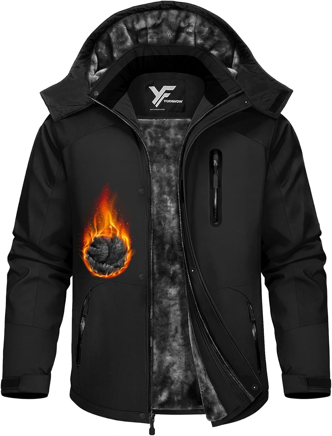 Detalle de Yufawow Men's Winter Jacket with Magnetic Placket, Fleece Lining and Detachable Hood