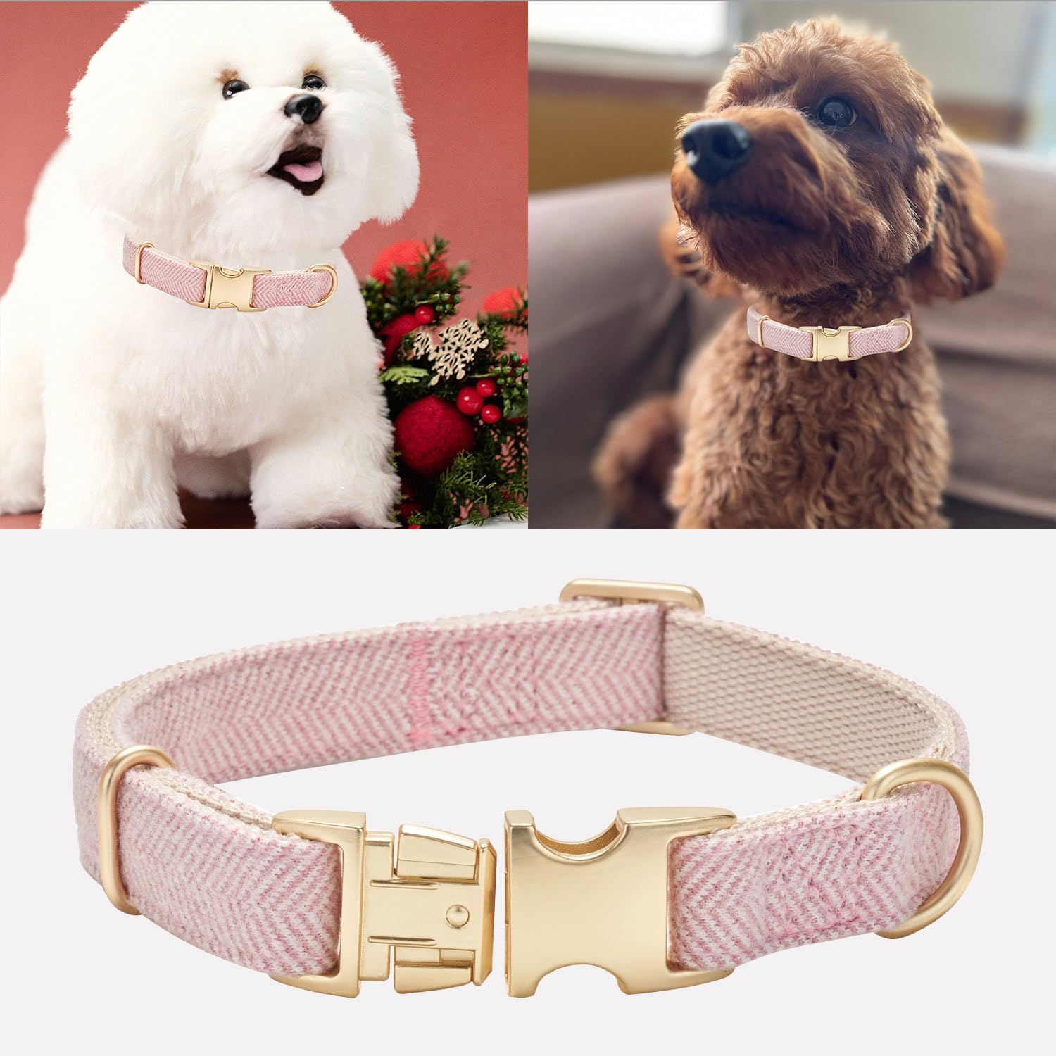 Detalle de Petiry Tweed Dog Collar with Metal Buckle – Adjustable cotton pink collar for medium dogs (31–49cm)