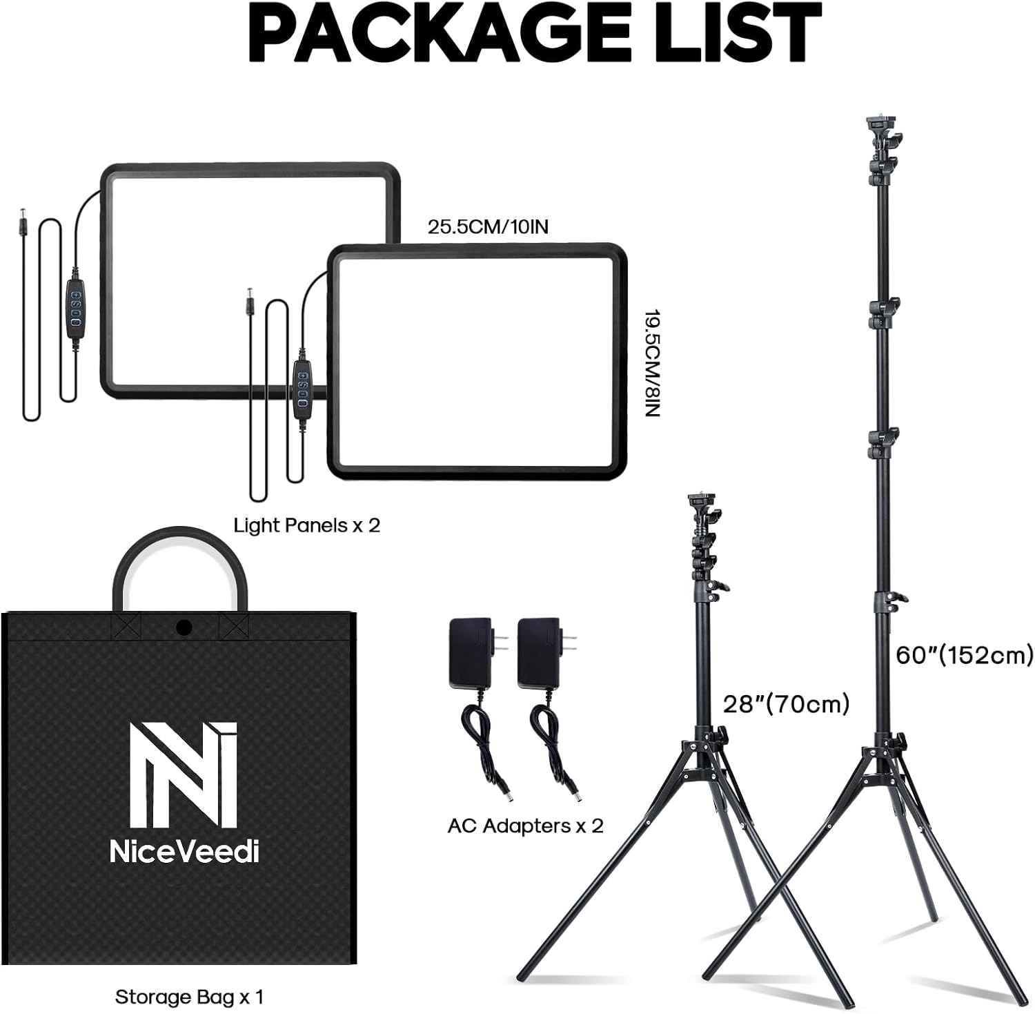 Thumbnail 6 de NiceVeedi 25W LED Video Panel Light Kit (2-Pack) with 185cm stands, tripod, 2900–7000K dimmable lighting