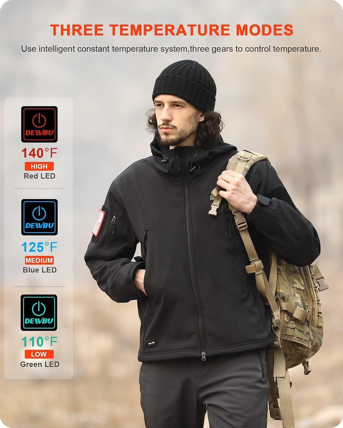Detalle de DEWBU DB-0125 Heated Jacket for Men, 12V, 5 Zones, Olive Green