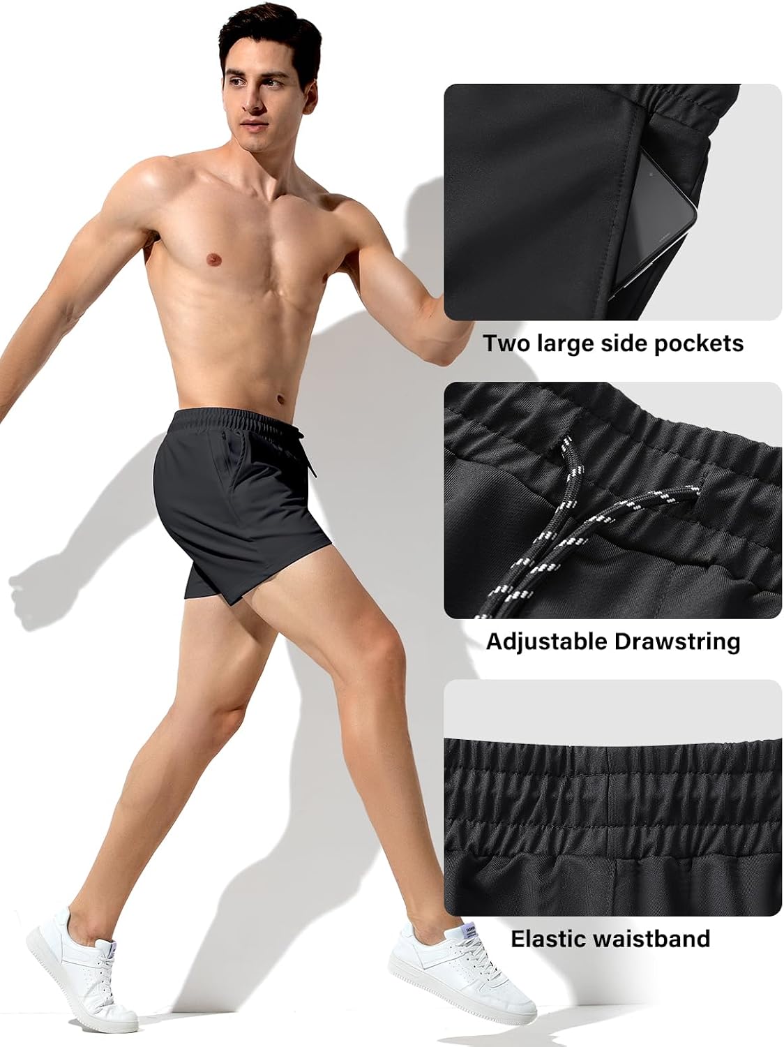 Detalle 2 de Mauro Kane Men’s Sweat Shorts 3 Inch with Zip Pockets – Casual Summer Running Shorts