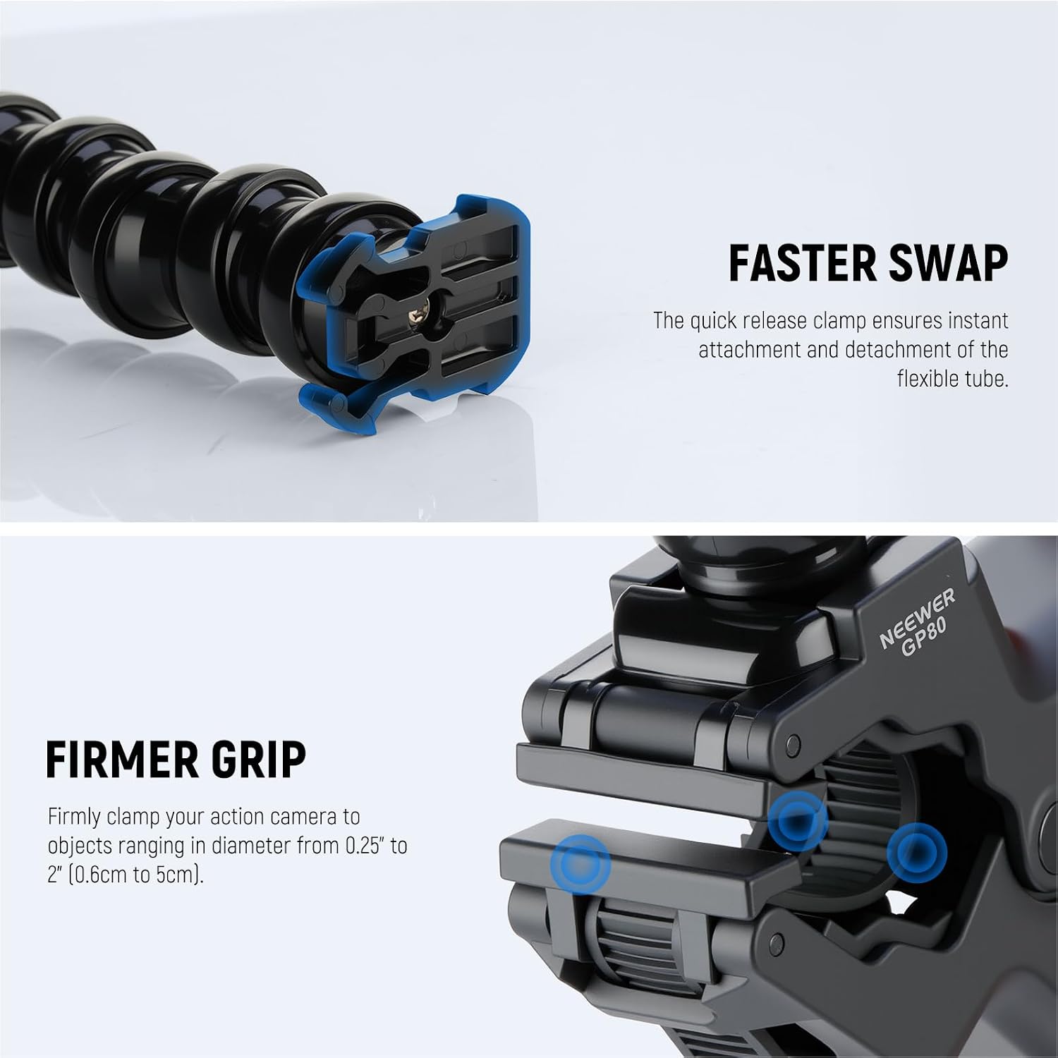 Detalle de NEEWER GP-80 Support à pince flexible (super clamp) pour GoPro et DJI Action
