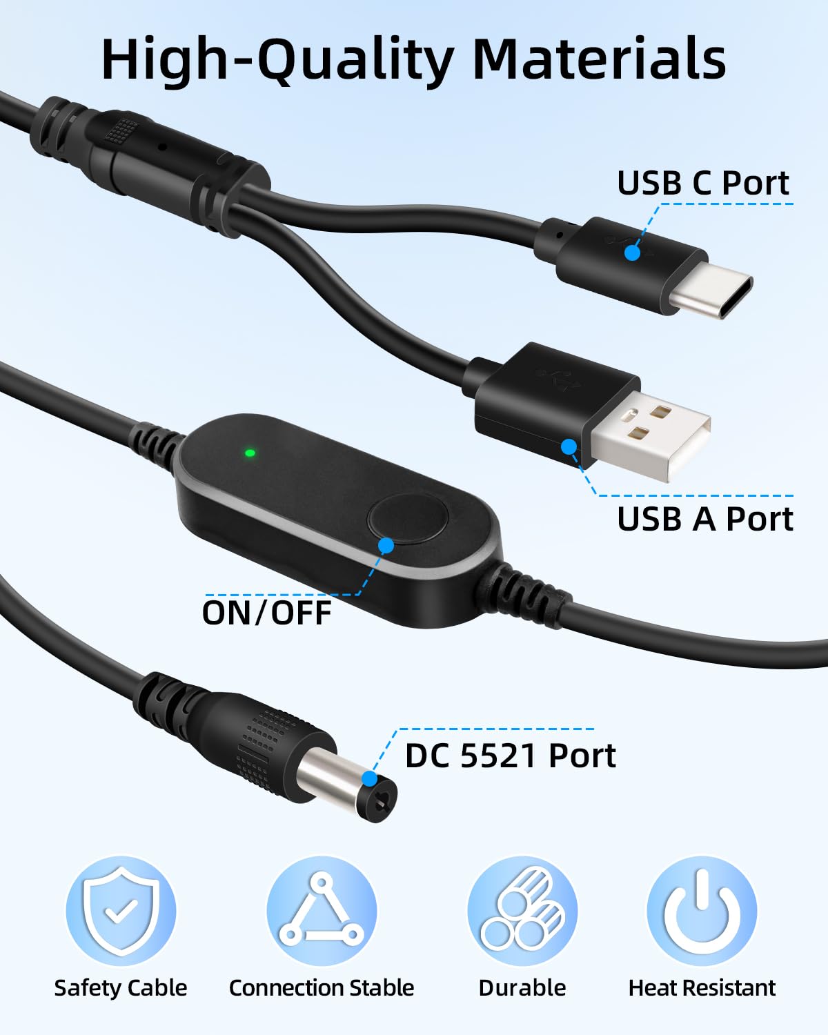 Detalle de RIIEYOCA Dual Port USB A & USB C 5V to 12V Step Up Converter Cable (12W, 1.5m)
