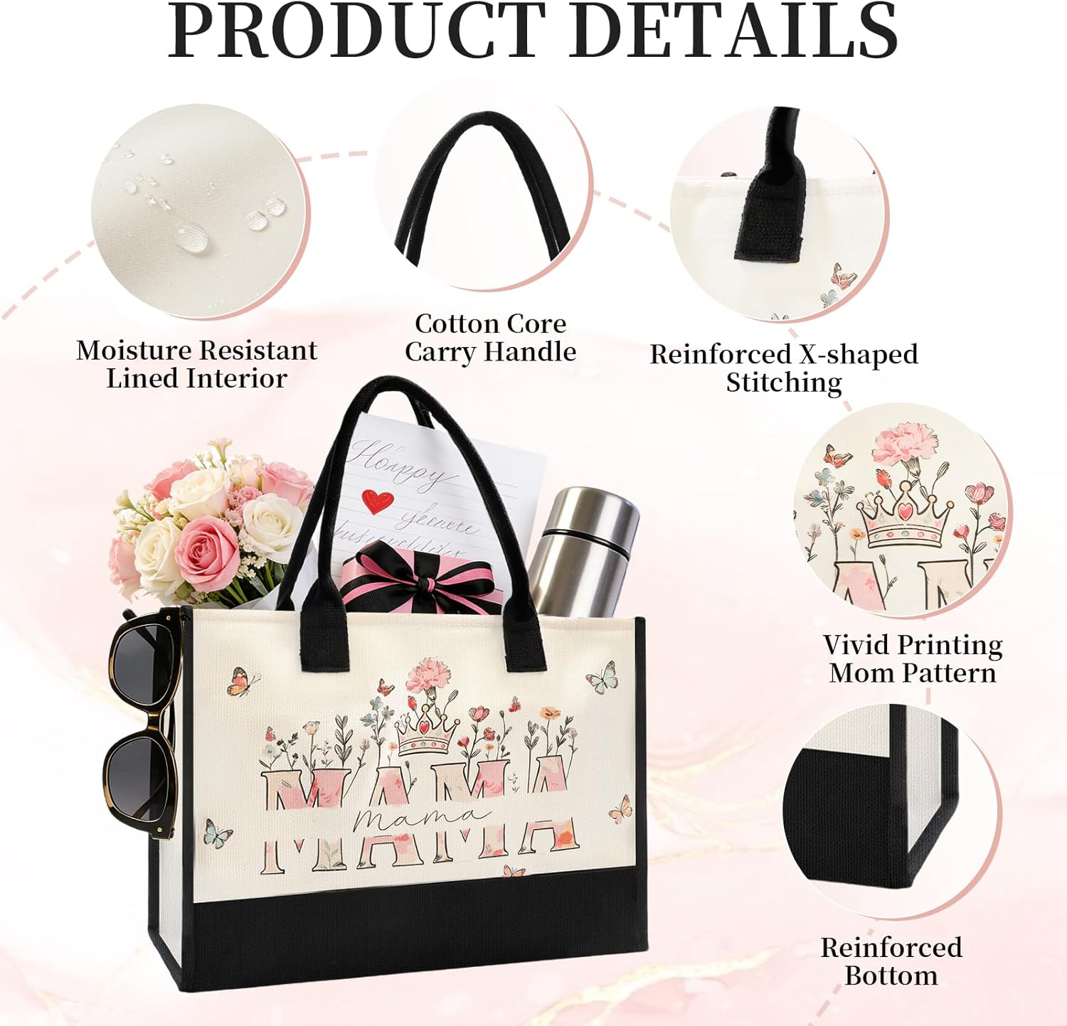 Thumbnail 3 de DFPDFP Floral “MAMA” Large Canvas Tote Bag (Open-Front, No Zipper) for New Mom & Mother’s Day Gifts