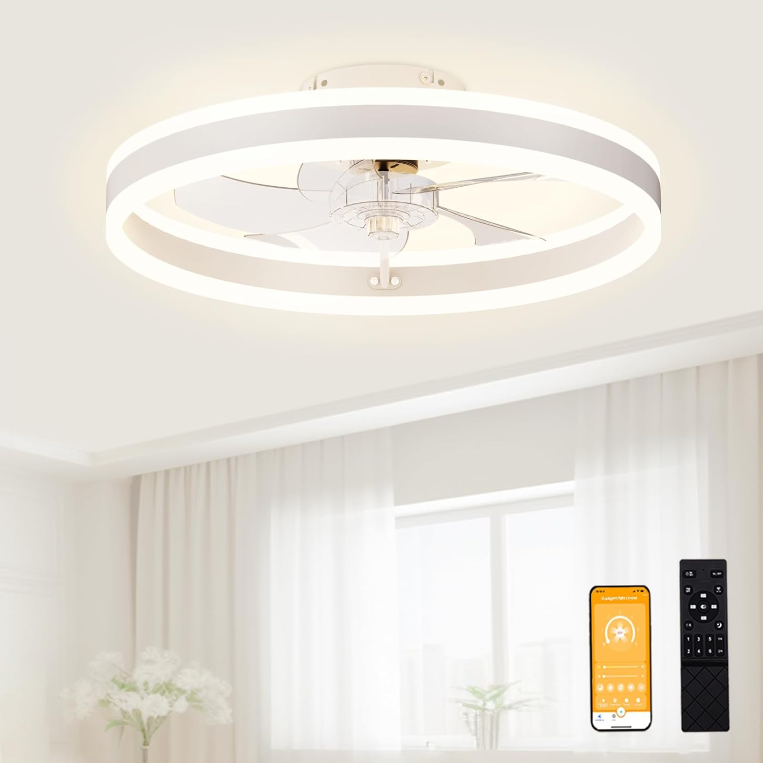 Detalle de VOLISUN 21237ZM Low-Profile Ceiling Fan with Light, 19.7-Inch, Remote