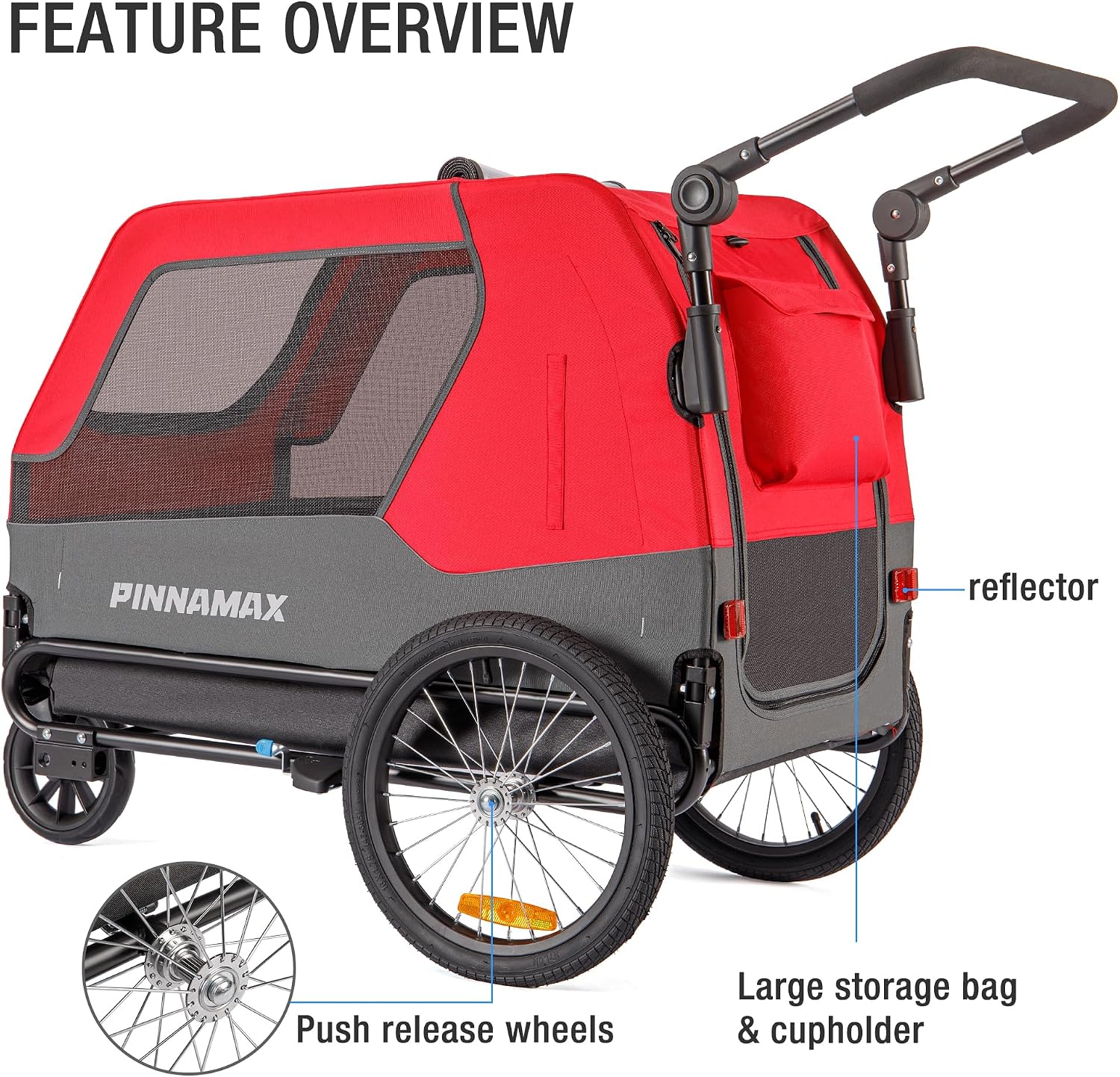 Detalle de PINNAMAX Hundeanhänger für Fahrräder – 2-in-1 Haustierbuggy & Fahrradanhänger, belastbar bis 45 kg