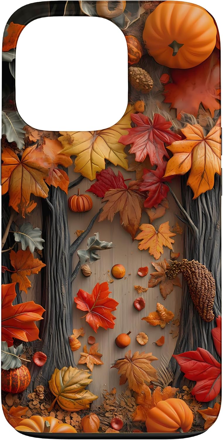 Detalle de Cozy Autumn Vibes iPhone 13 Pro Case with Fall Leaves and Pumpkin Design