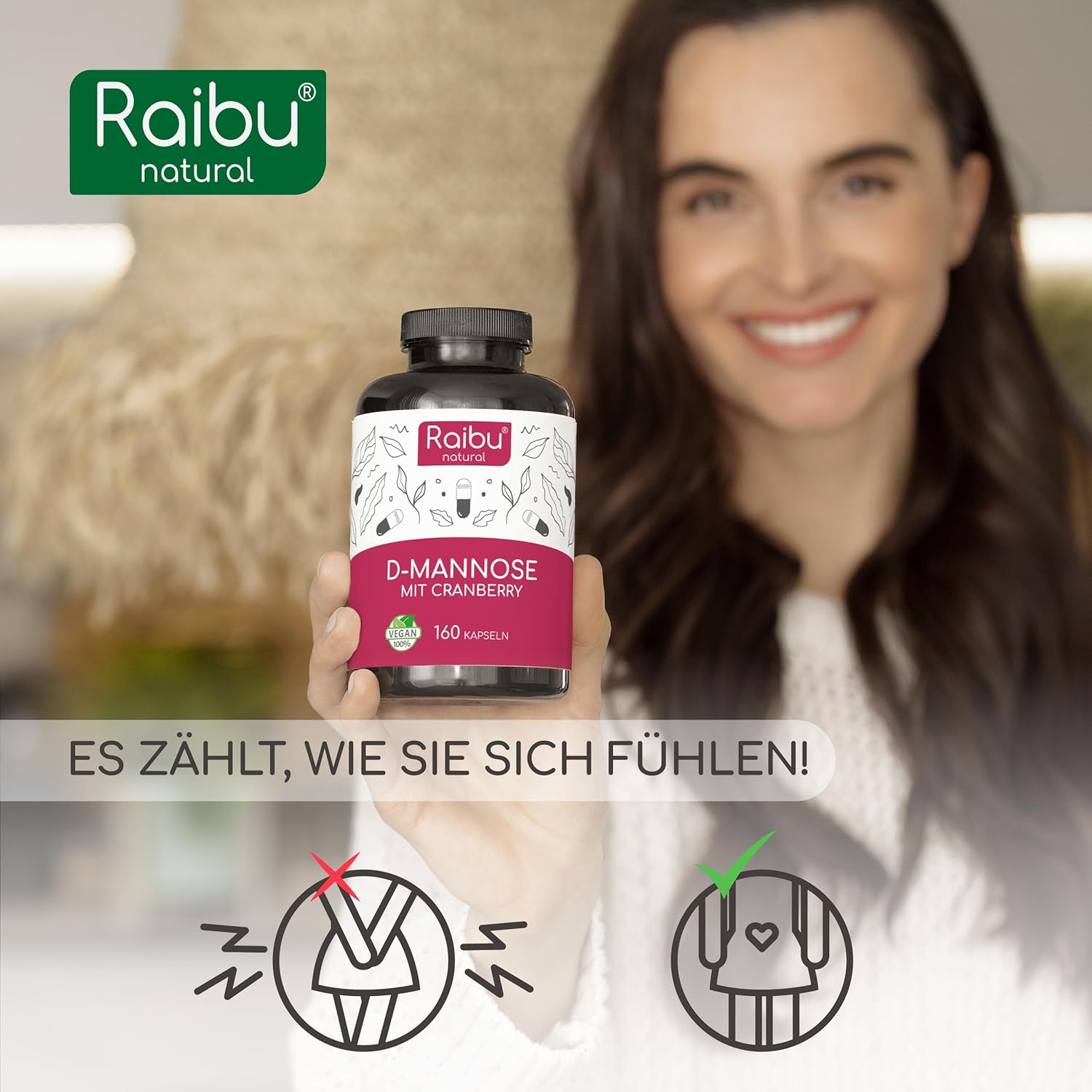 Detalle de Raibu D-Mannose Kapseln mit Cranberry – Hochdosierte Unterstützung für Harnwege