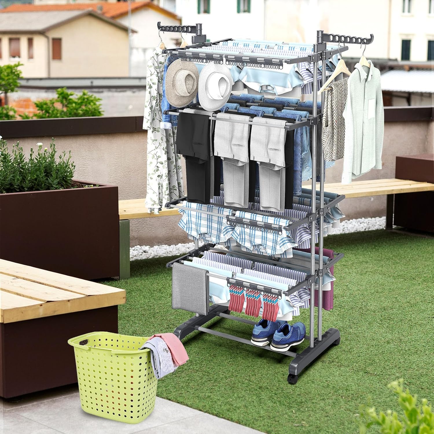 Detalle 2 de Shrivee NR765-2 4-Tier Clothes Airer with Adjustable Shelves and Wheels