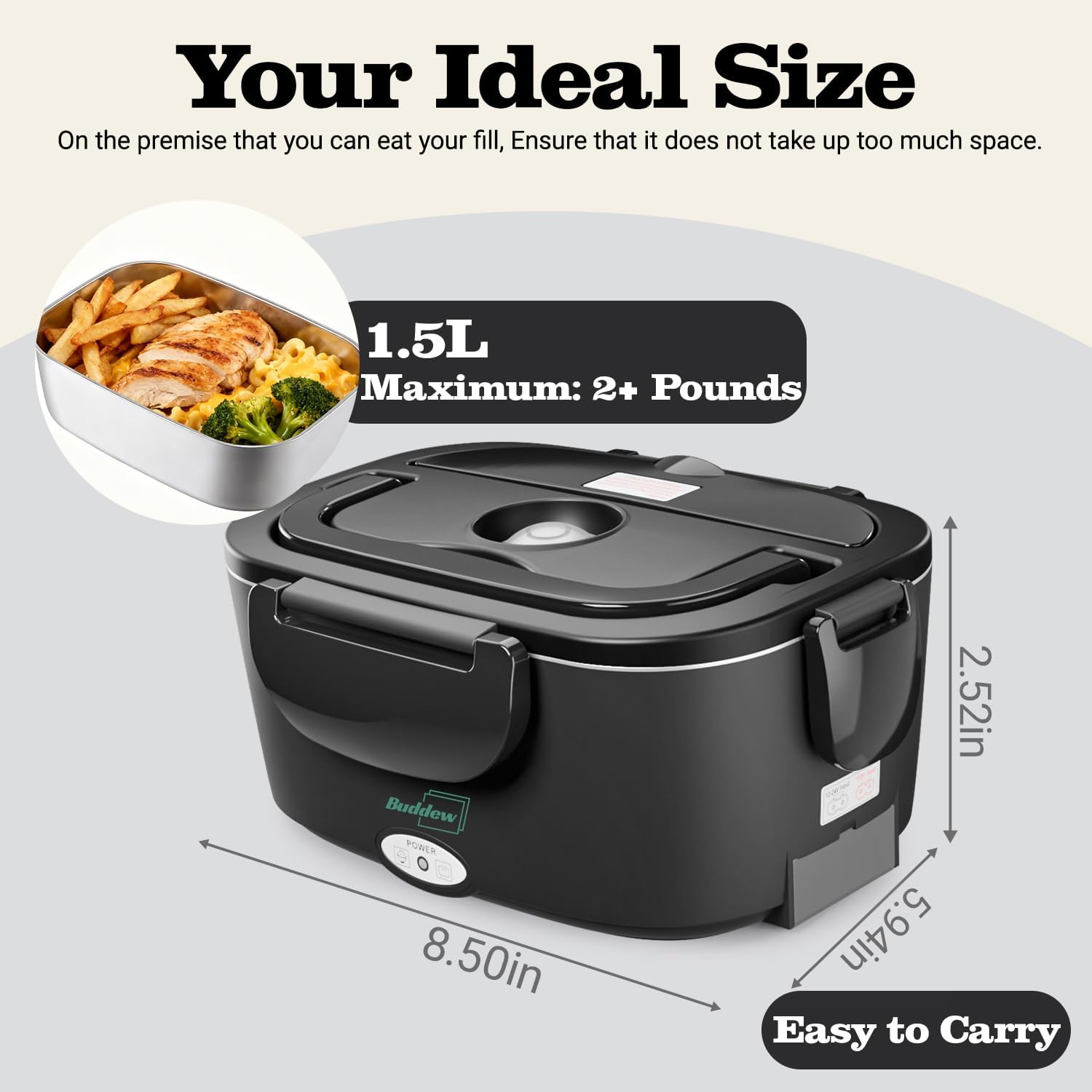 Detalle de Buddew Electric Heated Lunch Box: 80W Fast Heating, 1.5L Stainless Steel Duo, 110V/12V/24V Portable Warmer