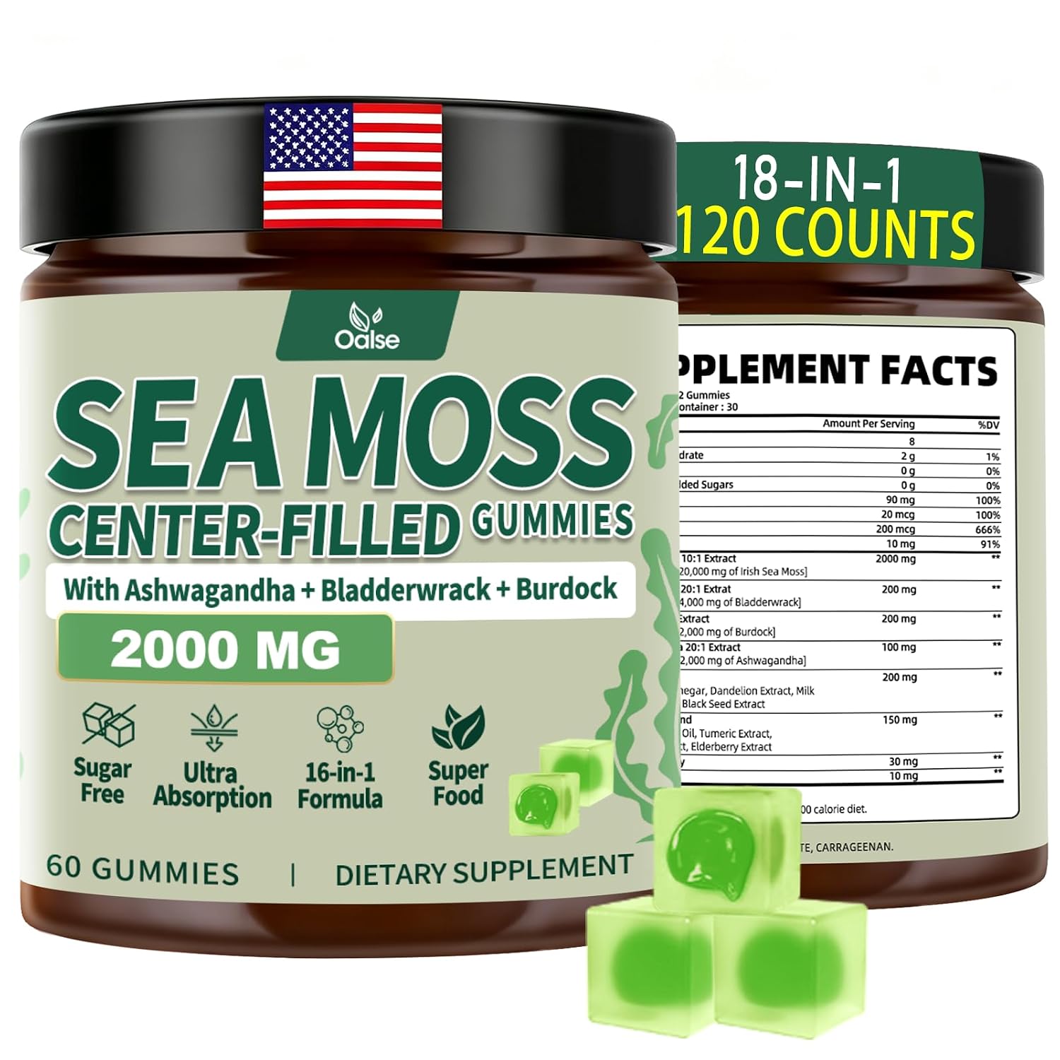 Detalle de OALSE Sea Moss Gummies, 2-Pack, Sugar-Free Apple Flavor with Bladderwrack