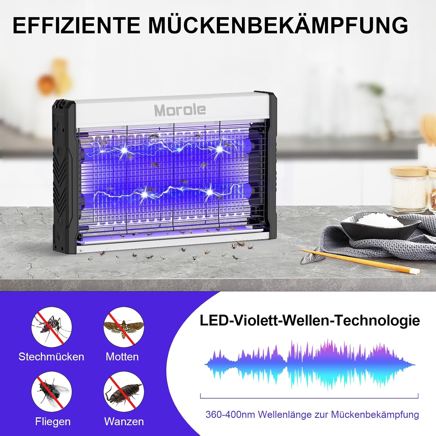 Detalle de Morole 3200V Insektenvernichter – 2 UV LED-Lampen, Wandmontage, Kabellösung, Innen & Außen