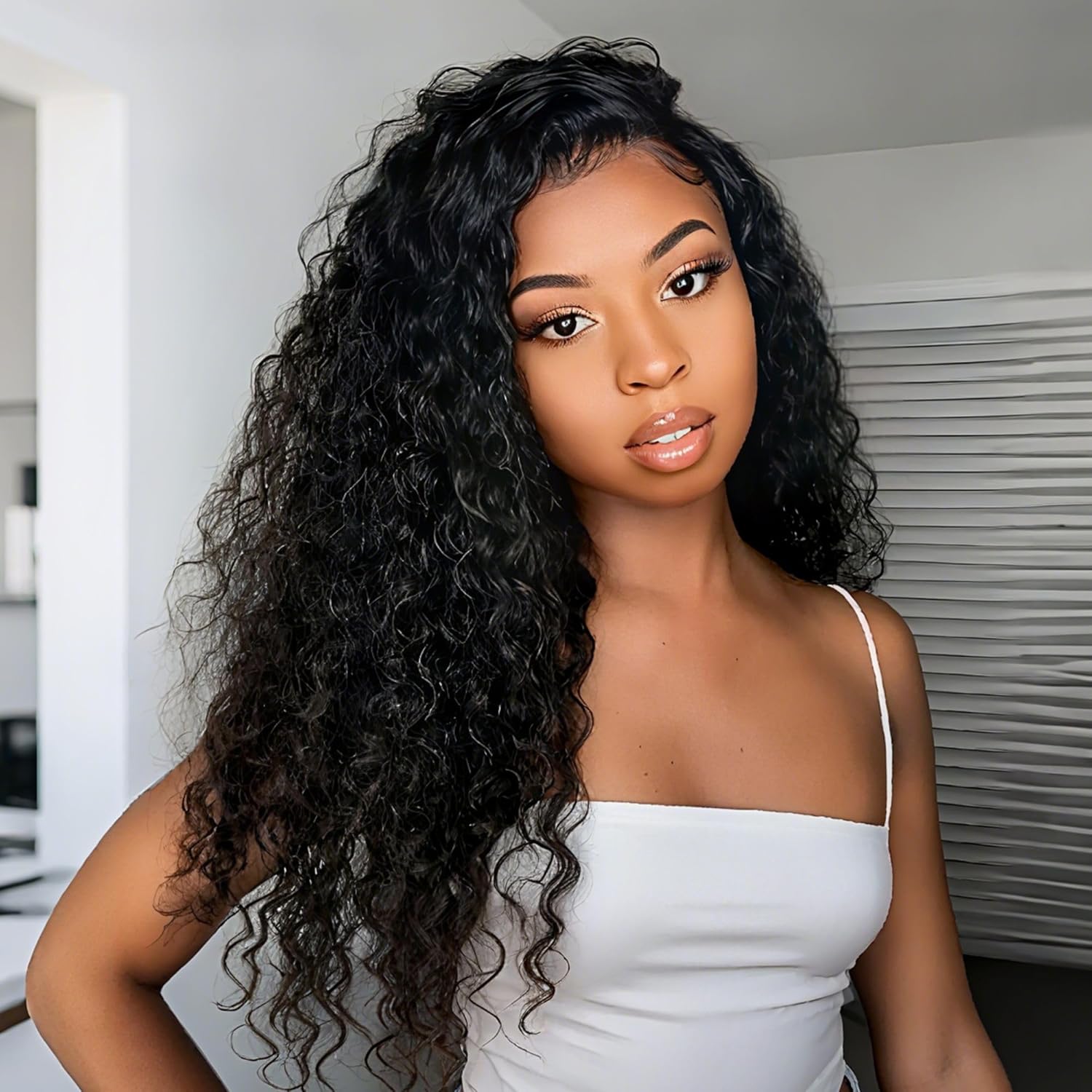 Detalle de Pinketer Deep Wave Half Wig Human Hair 20inch | Glueless 3-in-1 Drawstring Half Wig for Beginner-Friendly, Natural Color