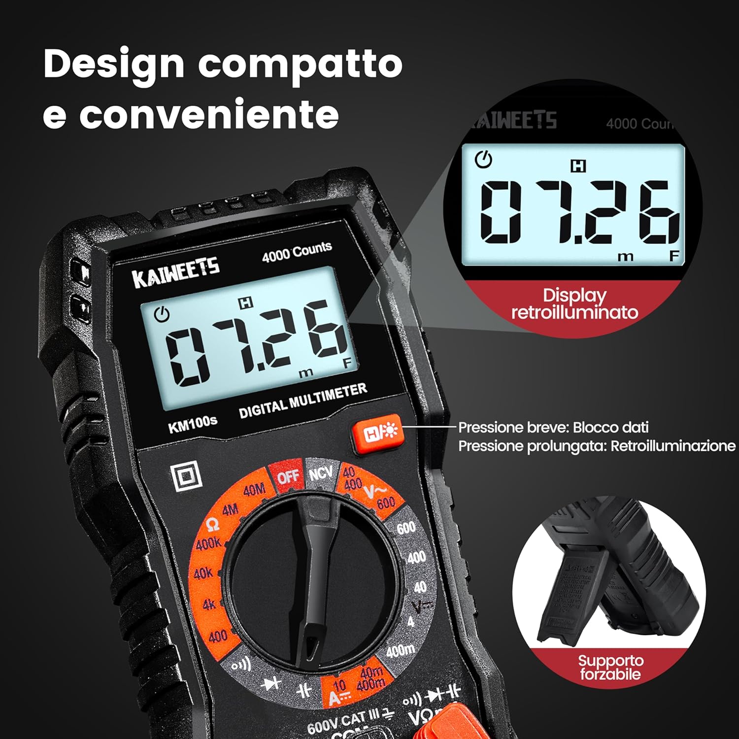 Thumbnail 4 de KAIWEETS KM100s Multimetro digitale per elettricista con 4.000 conteggi e tester tensione CA/CC