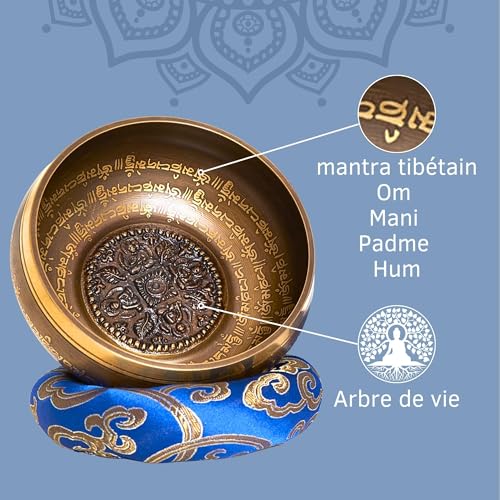 Detalle de XL Bol chantant fait main au Népal – Set tibétain pour méditation et yoga, fuseau cuir, boîte Lokta – Hātakāma Nēpāla
