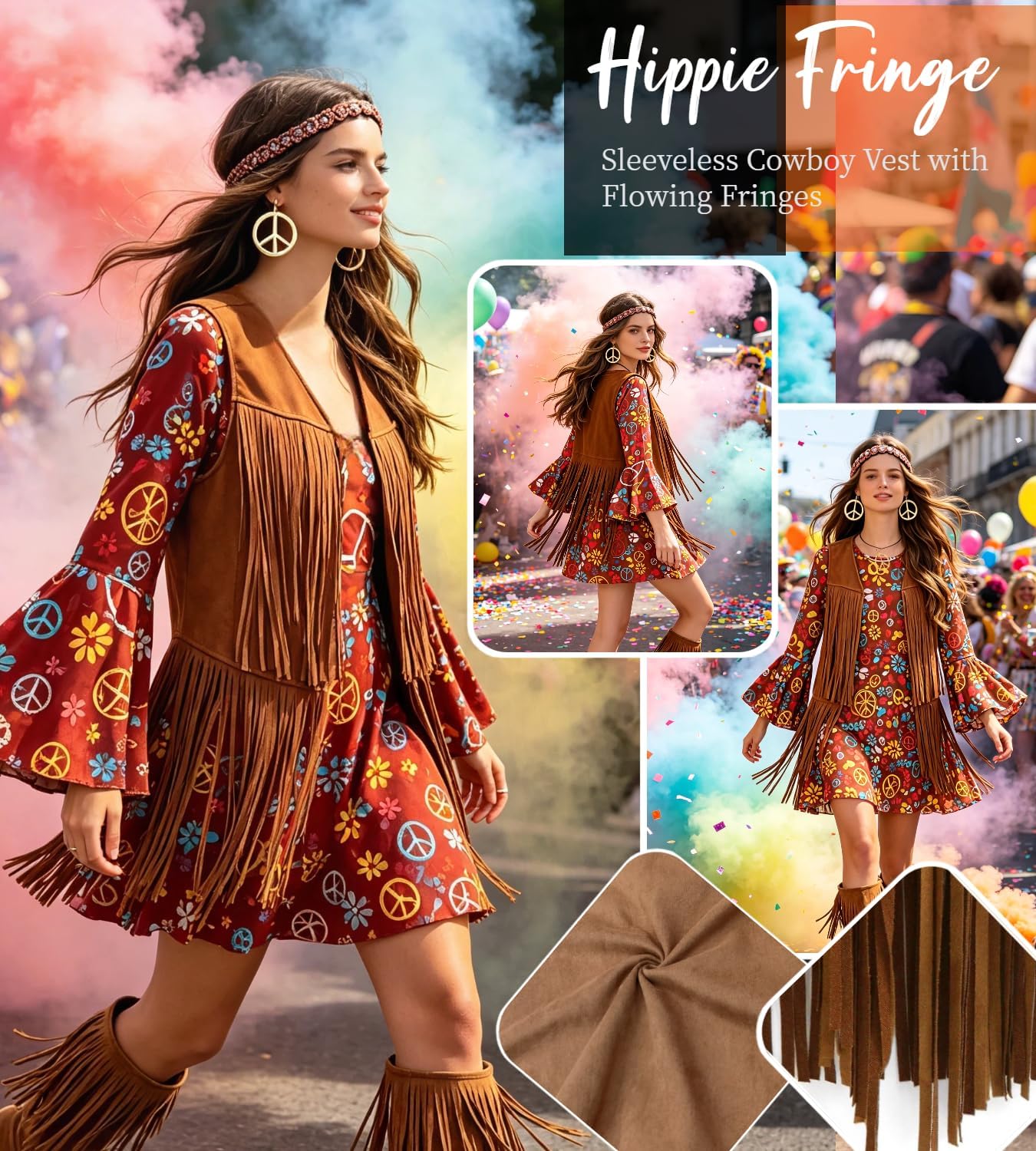 Detalle 2 de Hippie-väst för vuxna med fransar, ärmlös 60- och 70-talsstil