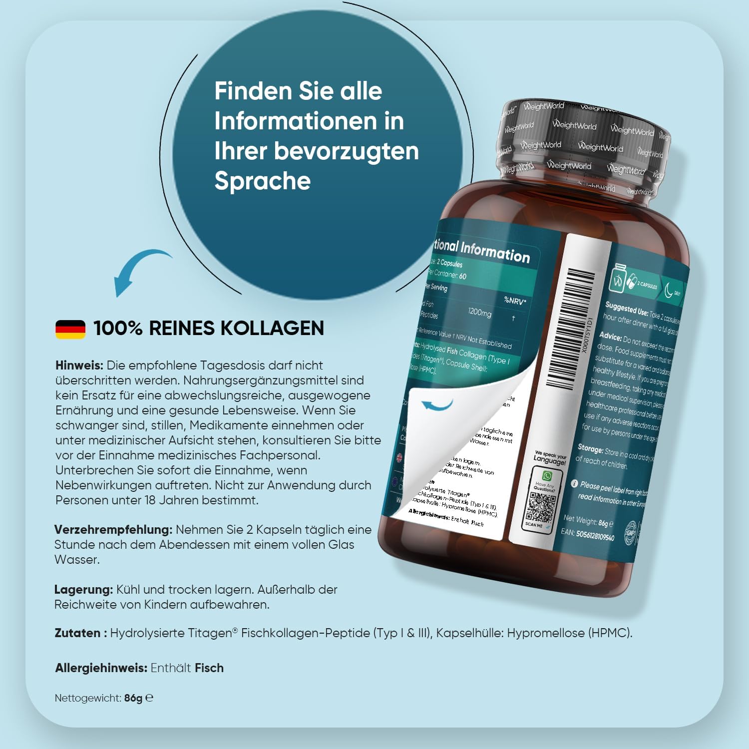 Thumbnail 3 de WeightWorld Marine Kollagen Typ I & III – hydrolysierte Fisch-Kollagenpeptide, 120 Kapseln (1200 mg)