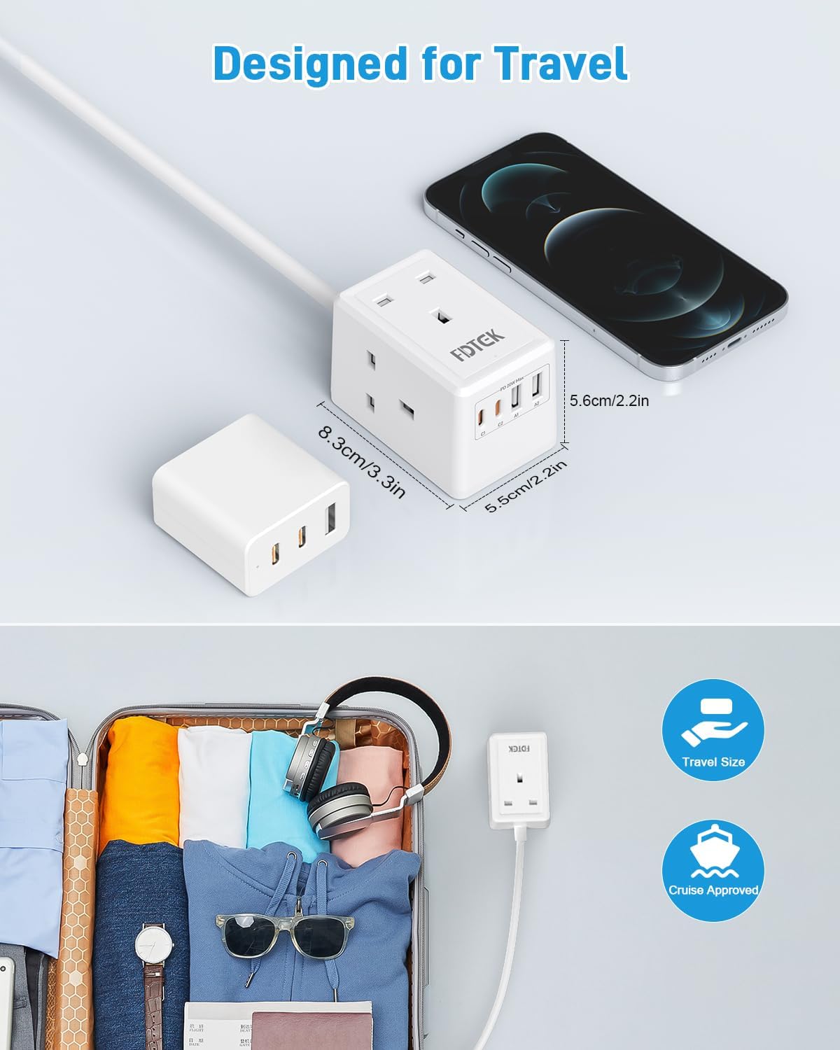 Detalle de FDTEK PD20W Extension Lead with USB Slots: 7-in-1 Mini Cube for Home, Office, and Travel