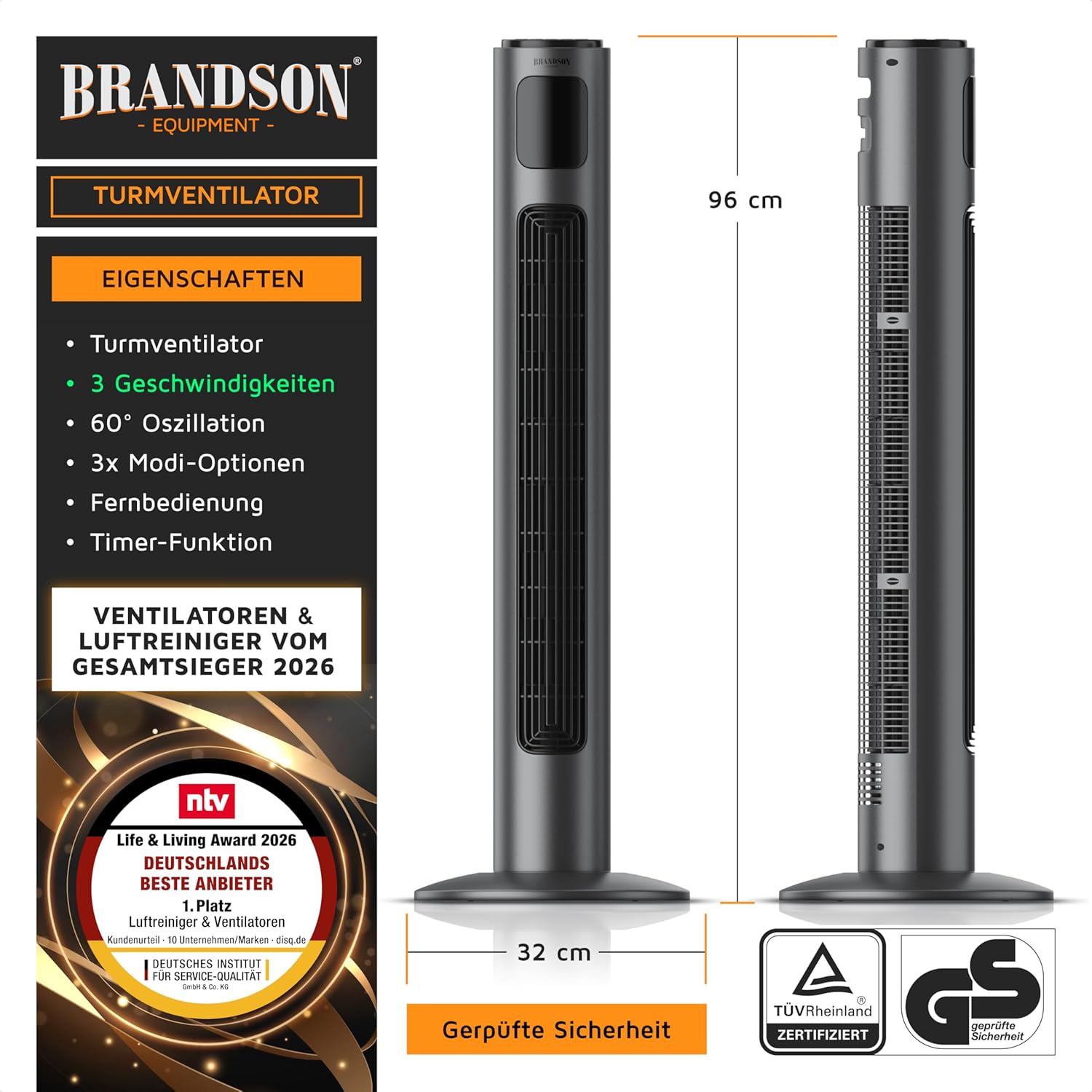 Detalle 2 de Brandson Turmventilator 96 cm mit Fernbedienung