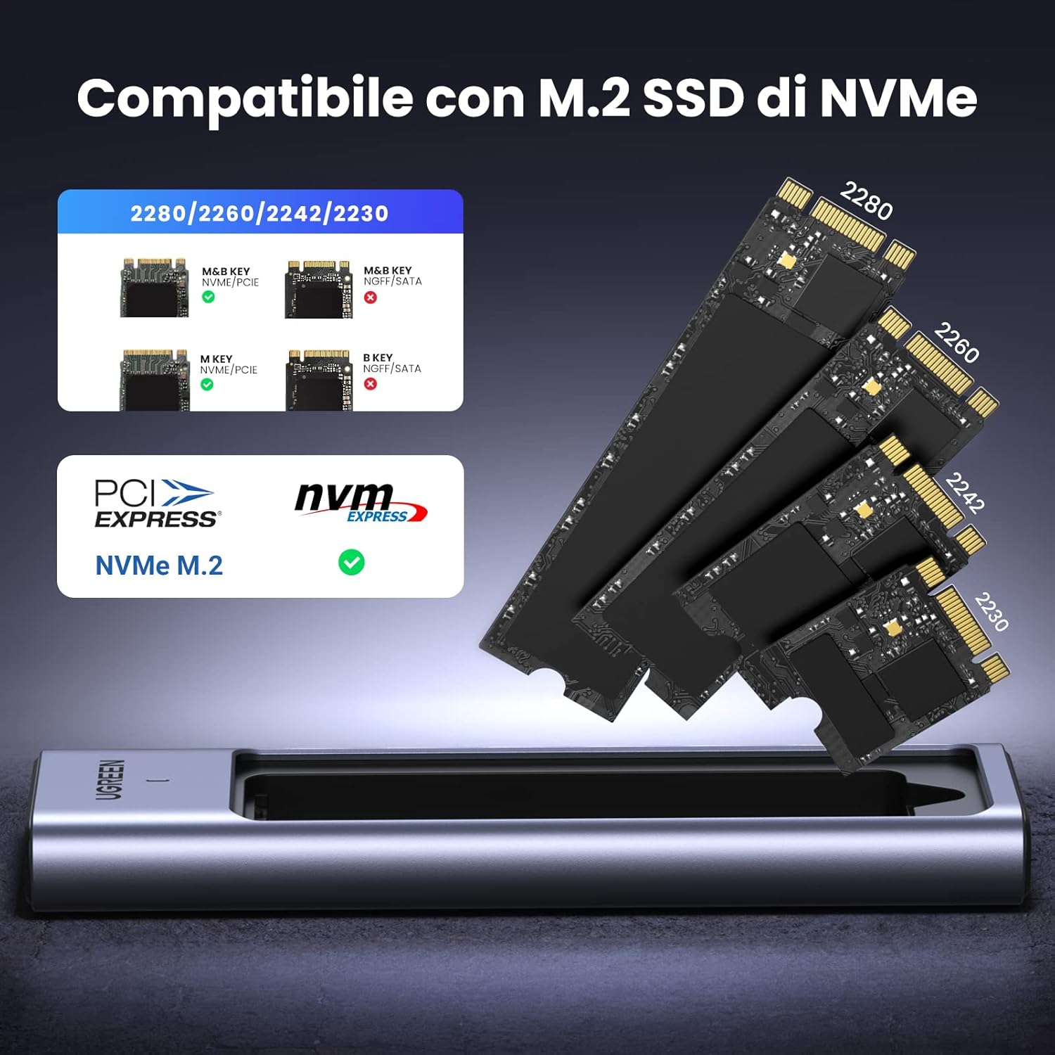 Detalle de UGREEN Case Esterno per SSD M.2 NVMe PCIe USB C 3.2 Gen 2 10Gbps: scatola esterna robusta e raffrescata
