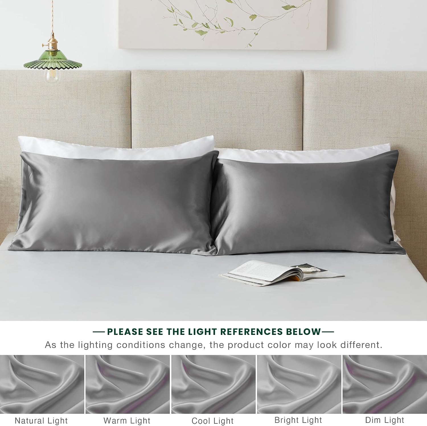 Detalle 2 de Love's cabin LCUSA8AA4AG2QU Cooling Satin Pillowcases, Queen, Dark Grey, 2-Pack