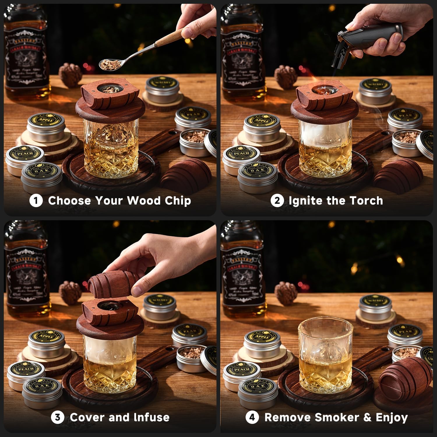 Thumbnail 6 de ComboJoy Whiskey Smoker Kit mit Torch, 6 Holzchips-Sorten, 2 Gläsern und 2 Ice-Ball-Formen (ohne Butan)