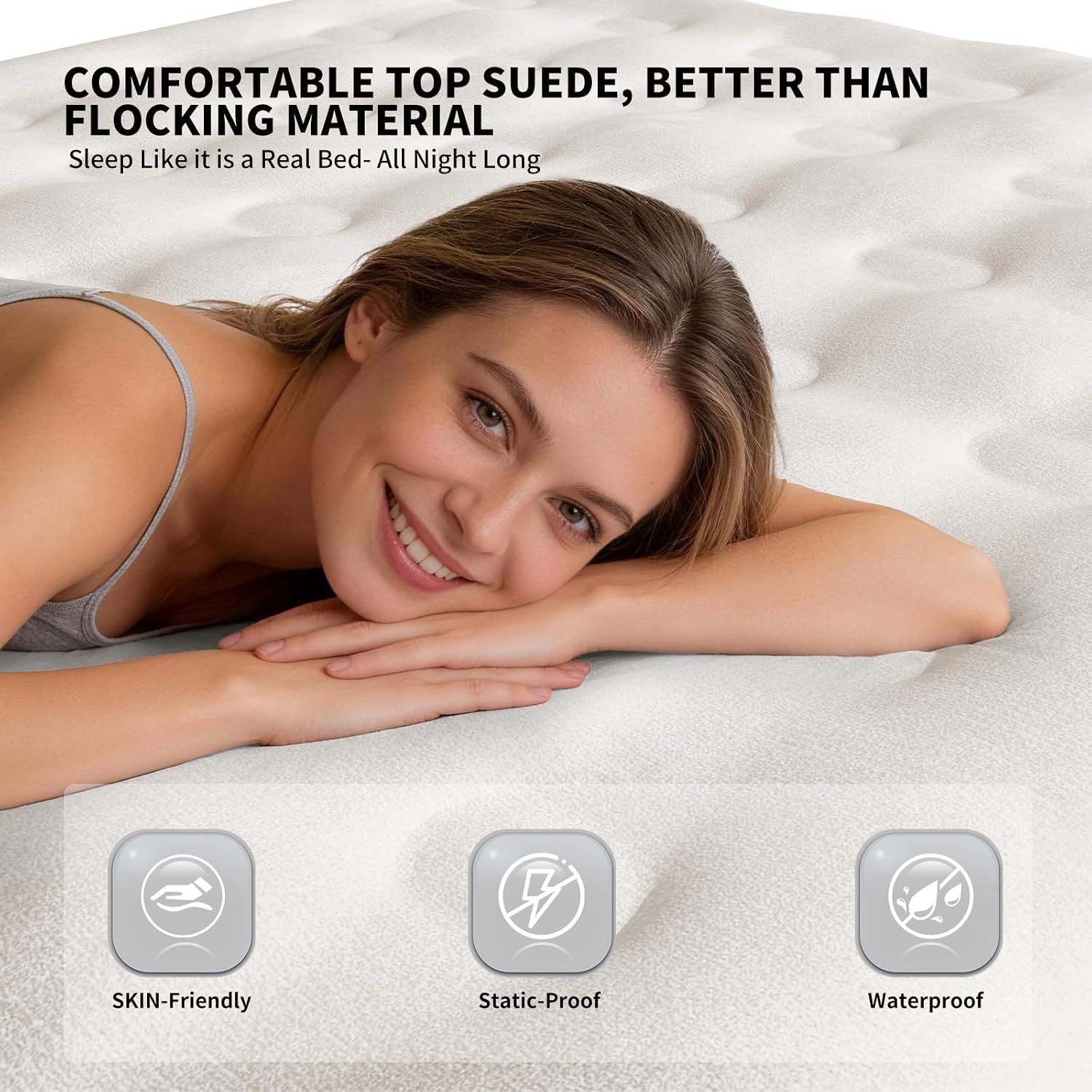 Detalle de KASIMO Queen Air Mattress with Rechargeable Pump, Suede Surface and 10-Inch Height