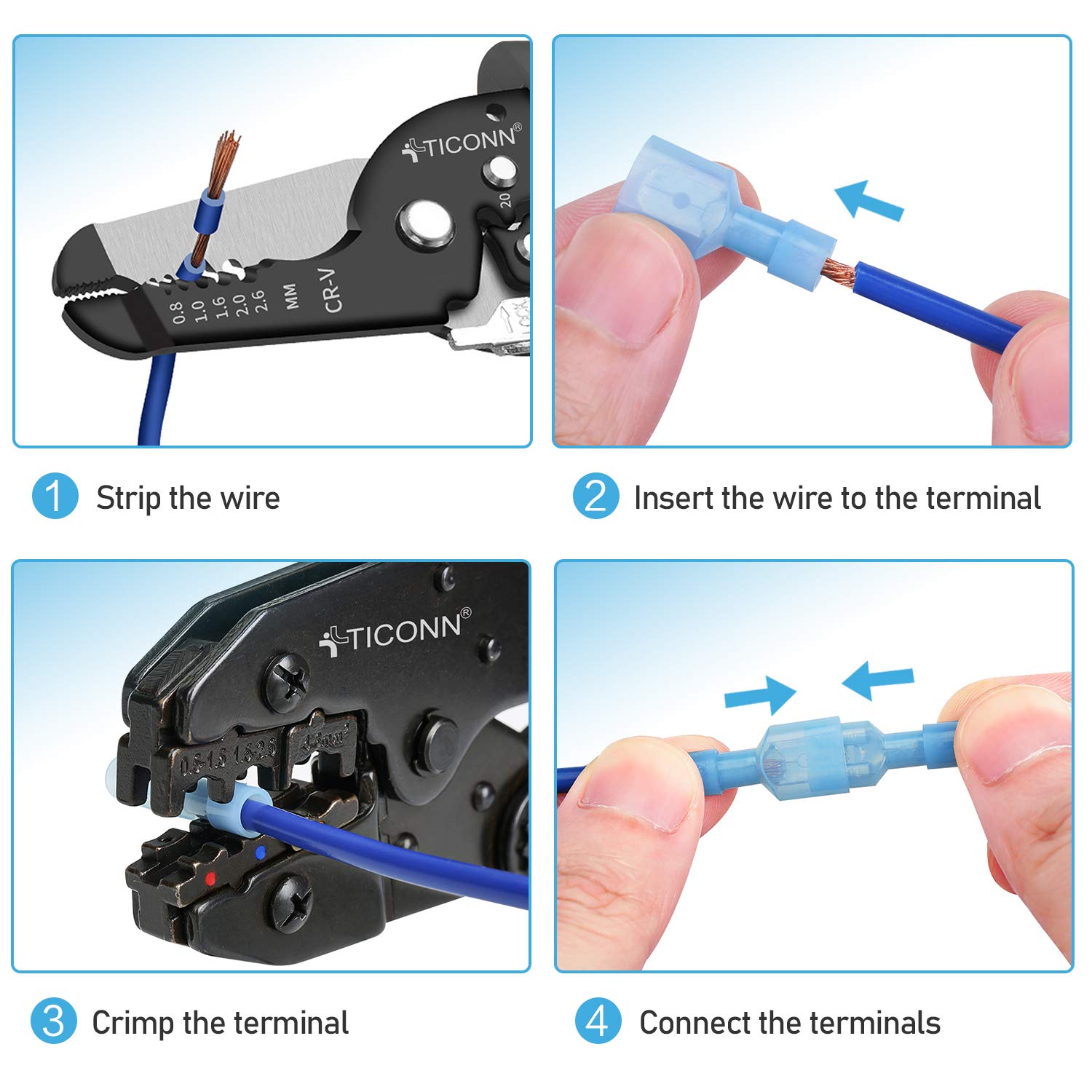 Detalle de TICONN TICONN-244-NL200 Spade Connector Kit, 200-Piece Nylon-Insulated Crimp Terminals