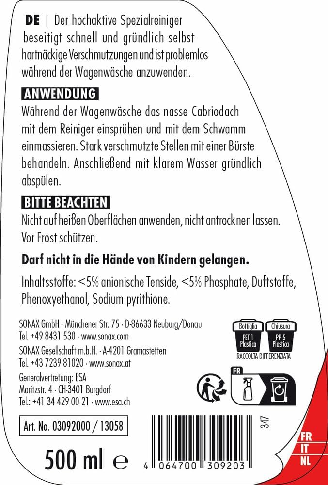 Thumbnail 1 de SONAX CabrioverdeckReiniger (500 ml) – stressesicheres Reinigungsmittel für Gewebe- und Kunststoff-Cabrioverdecke