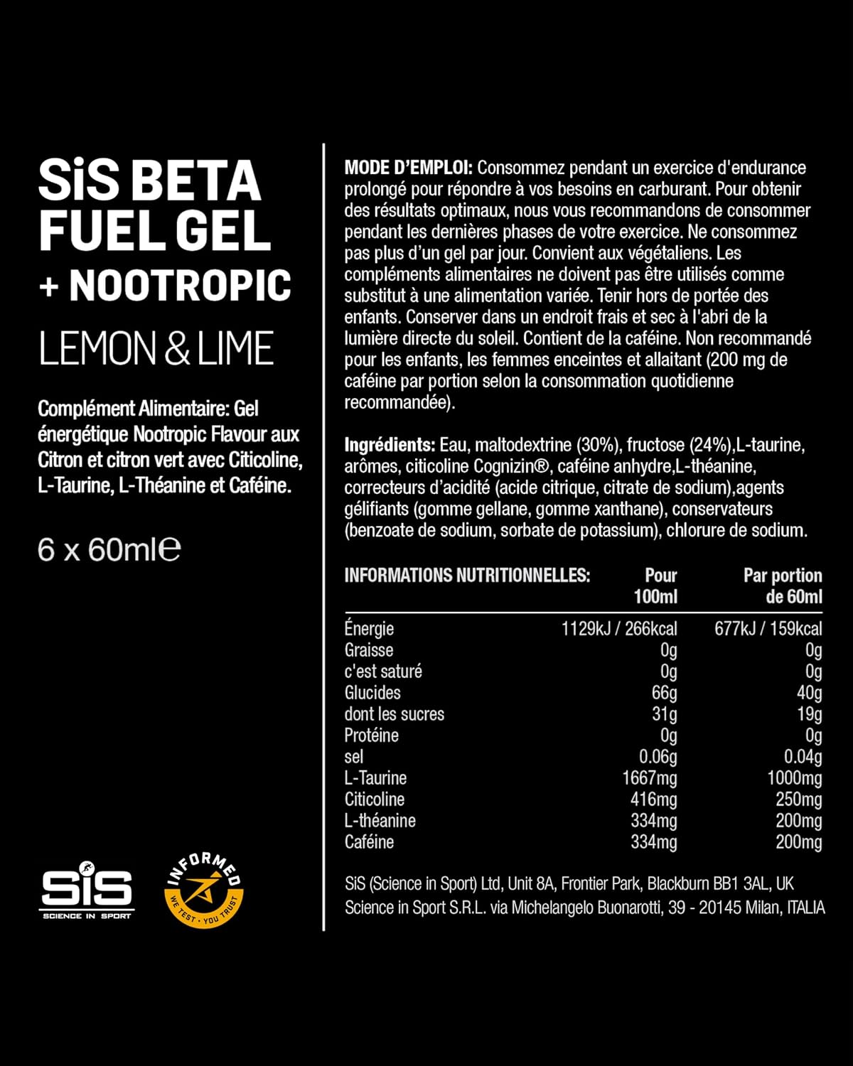 Detalle de Science in Sport BETA Fuel Gel + Nootropique 30 x 60 ml Citron et citron vert – Gel énergétique 40 g de glucides