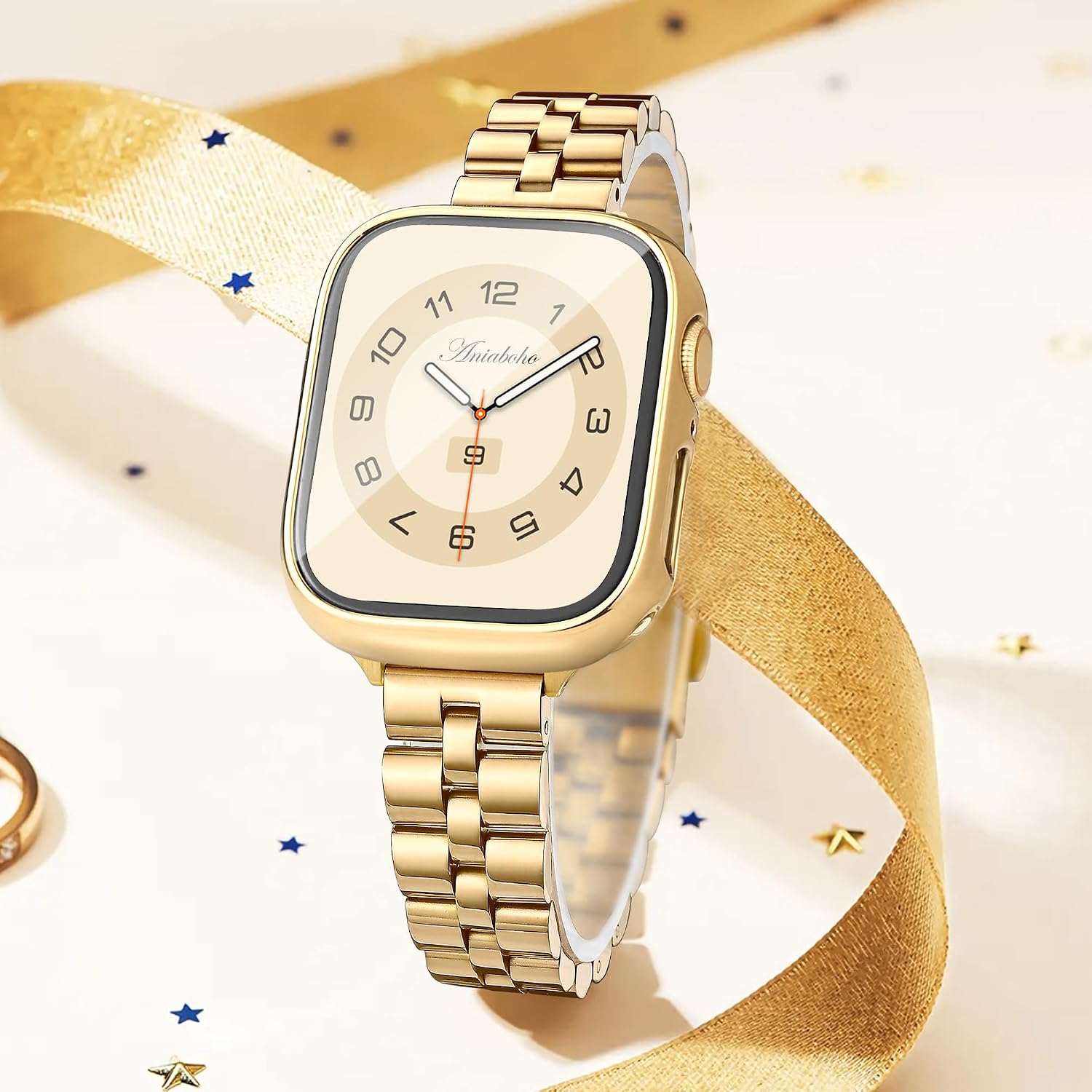 Detalle 2 de Aniaboho Apple Watch Band 40mm mit Schutzhülle – Edelstahl, Gold, kompatibel mit Apple Watch SE/Series 4–6 (40 mm)