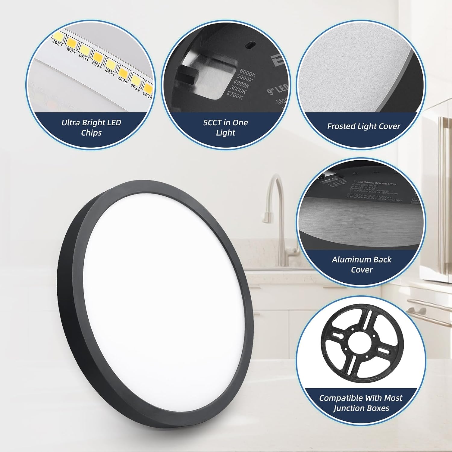 Detalle 2 de ECOELER CDR924F-BK 9-Inch Black LED Flush-Mount Ceiling Lights, 2-Pack